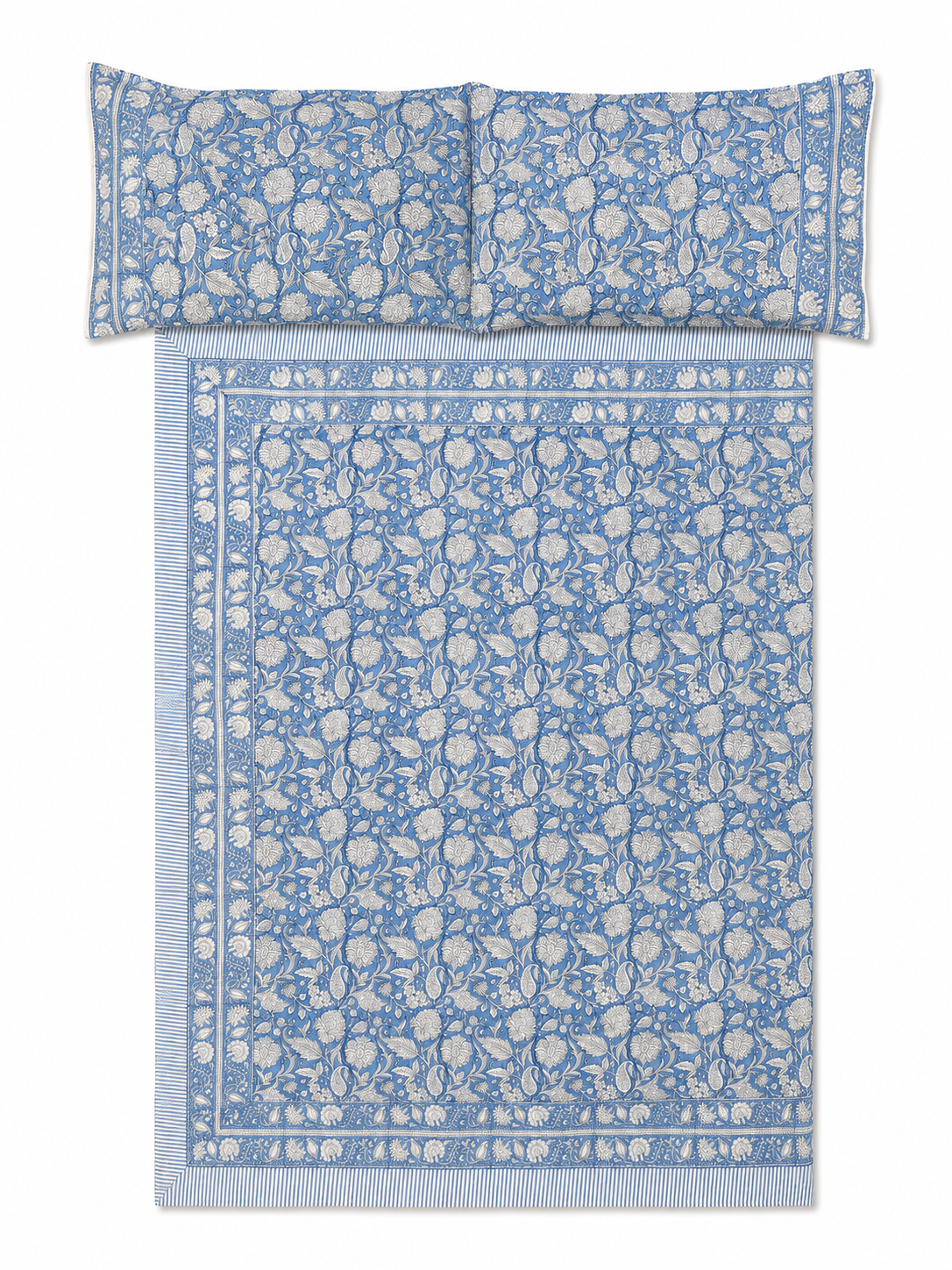 Blue Floral Jaipuri Hand Block Print Bed Sheet