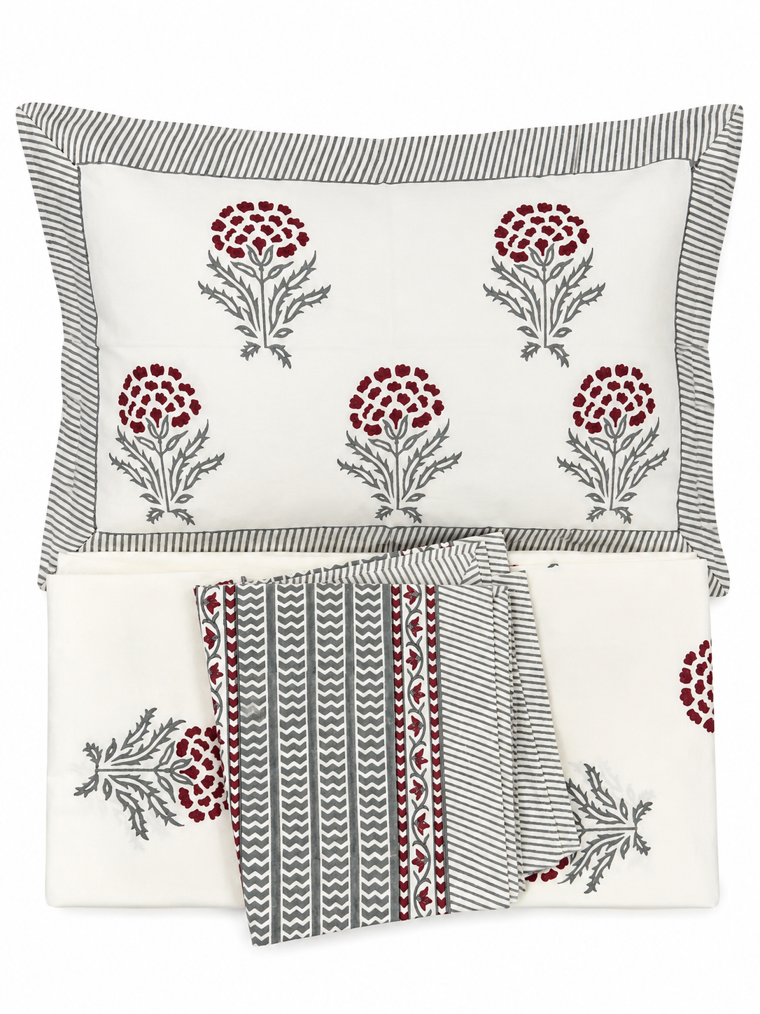 Red & Grey Hand Block Print Bed Sheet