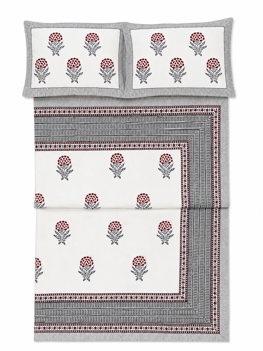 Red & Grey Hand Block Print Bed Sheet