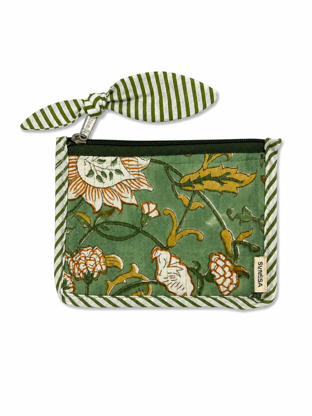 Green Floral Hand Block Print Pouch