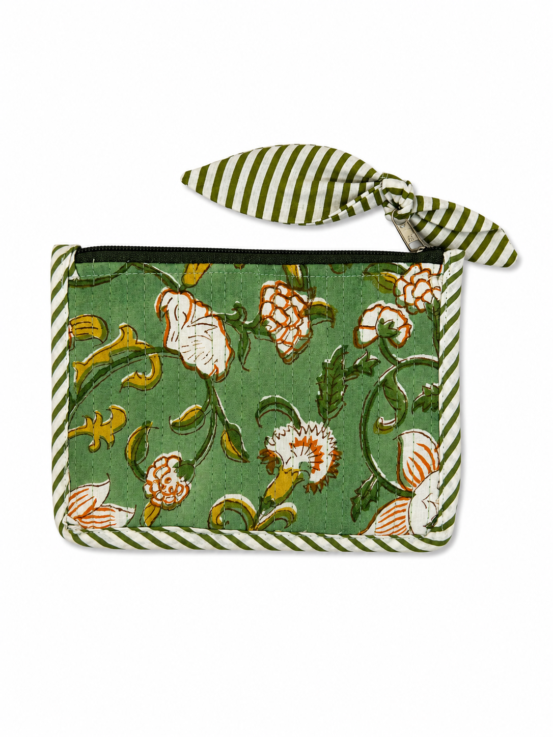 Green Floral Hand Block Print Pouch
