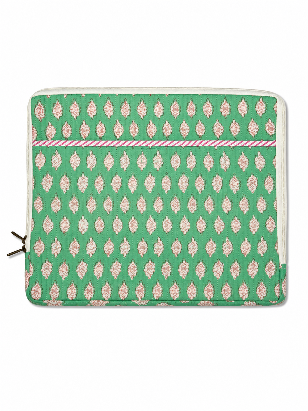 Green & Pink Coral Hand Block Print Laptop Sleeve - Sunesa