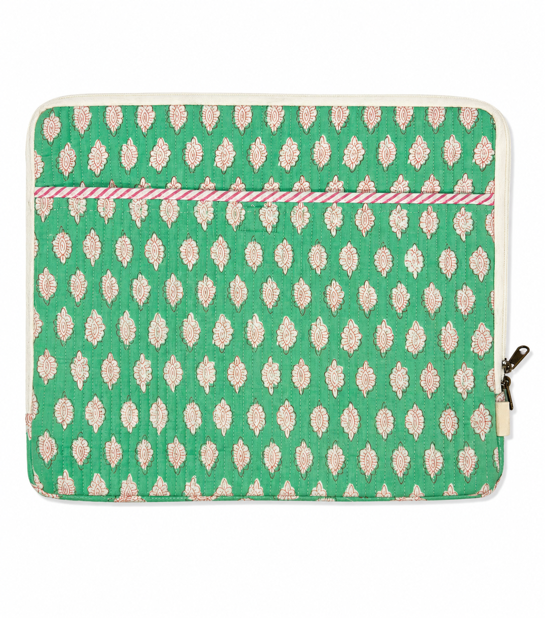 Green & Pink Coral Hand Block Print Laptop Sleeve