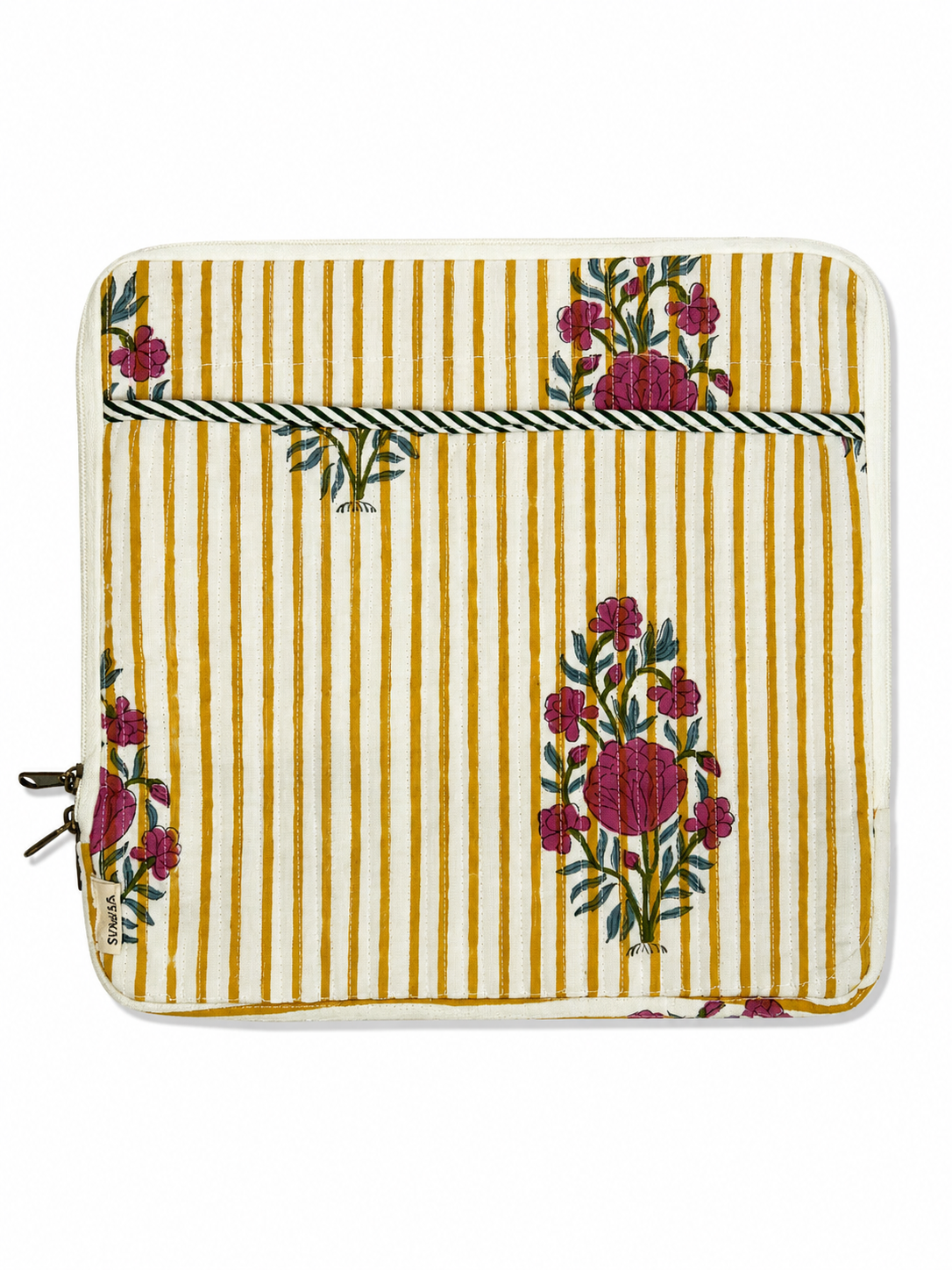 Red Floral Yellow Stripes Hand Block Print Laptop Sleeve