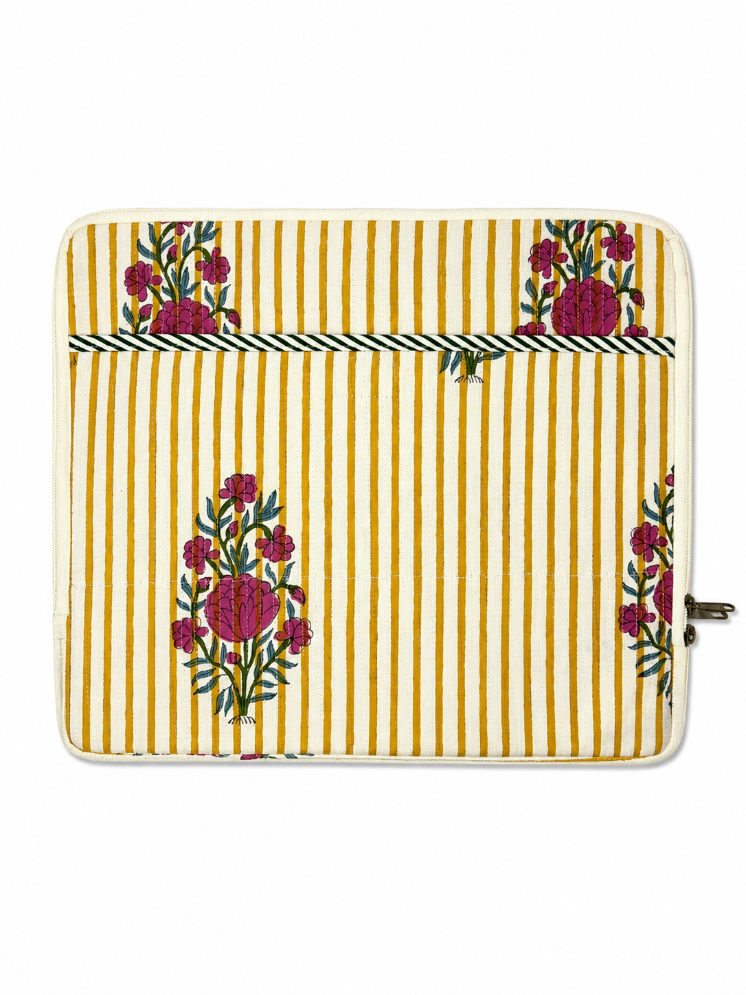 Red Floral Yellow Stripes Hand Block Print Laptop Sleeve