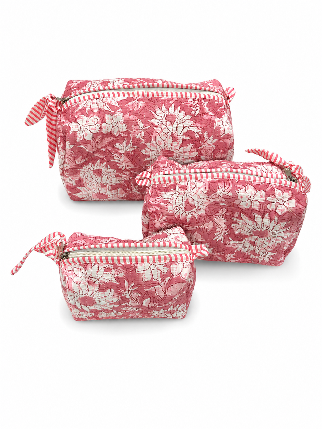 Pink Floral Hand Block Print Toiletry Pouch Set