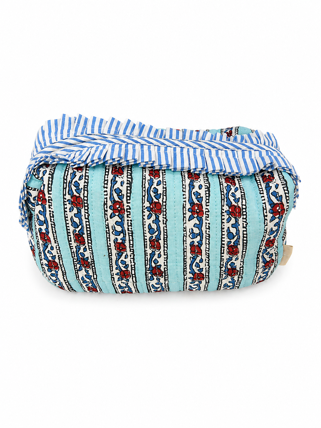 Blue and Red Stripes Frill Hand Block Print Toiletry Pouch