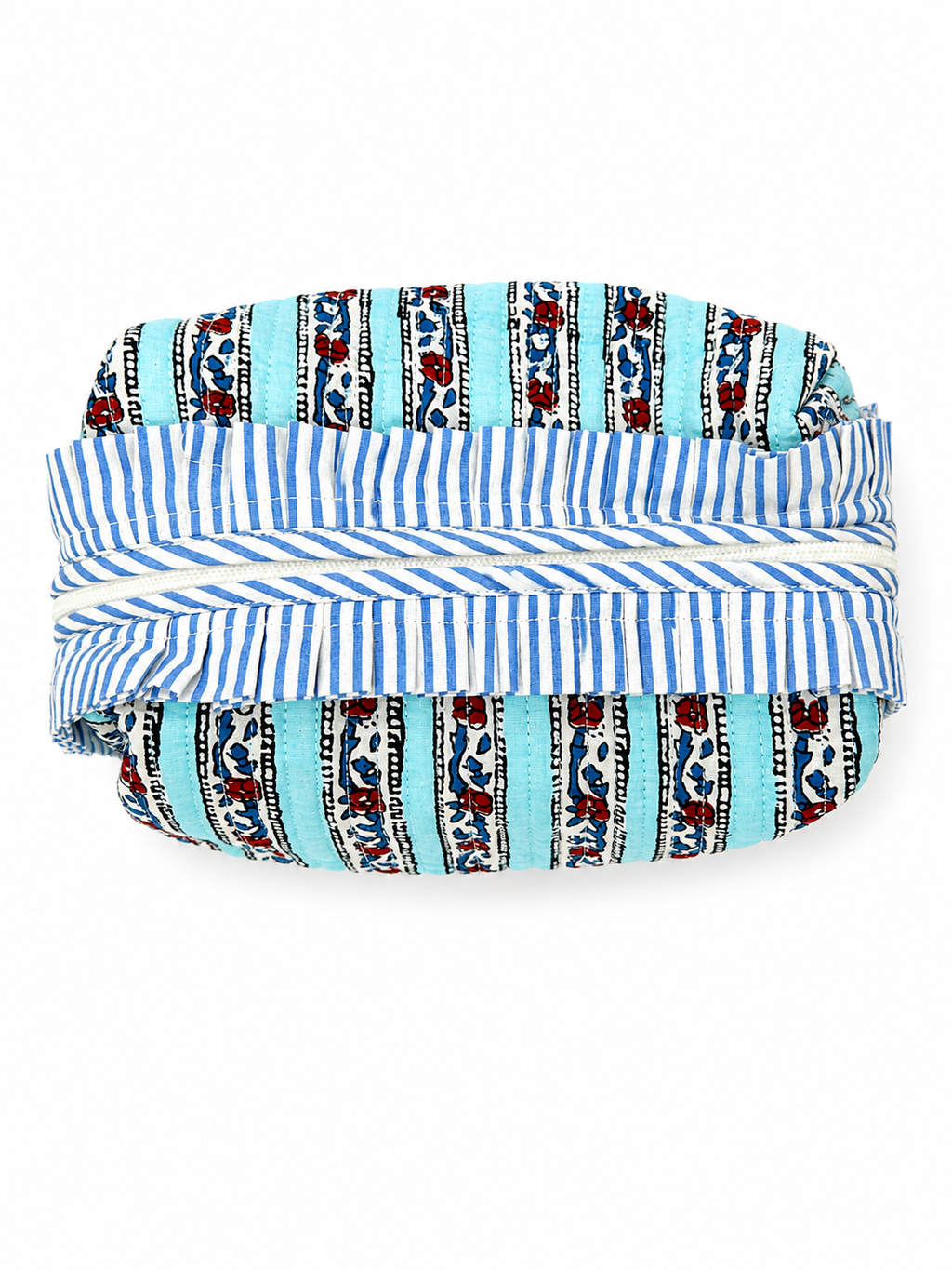 Blue and Red Stripes Frill Hand Block Print Toiletry Pouch