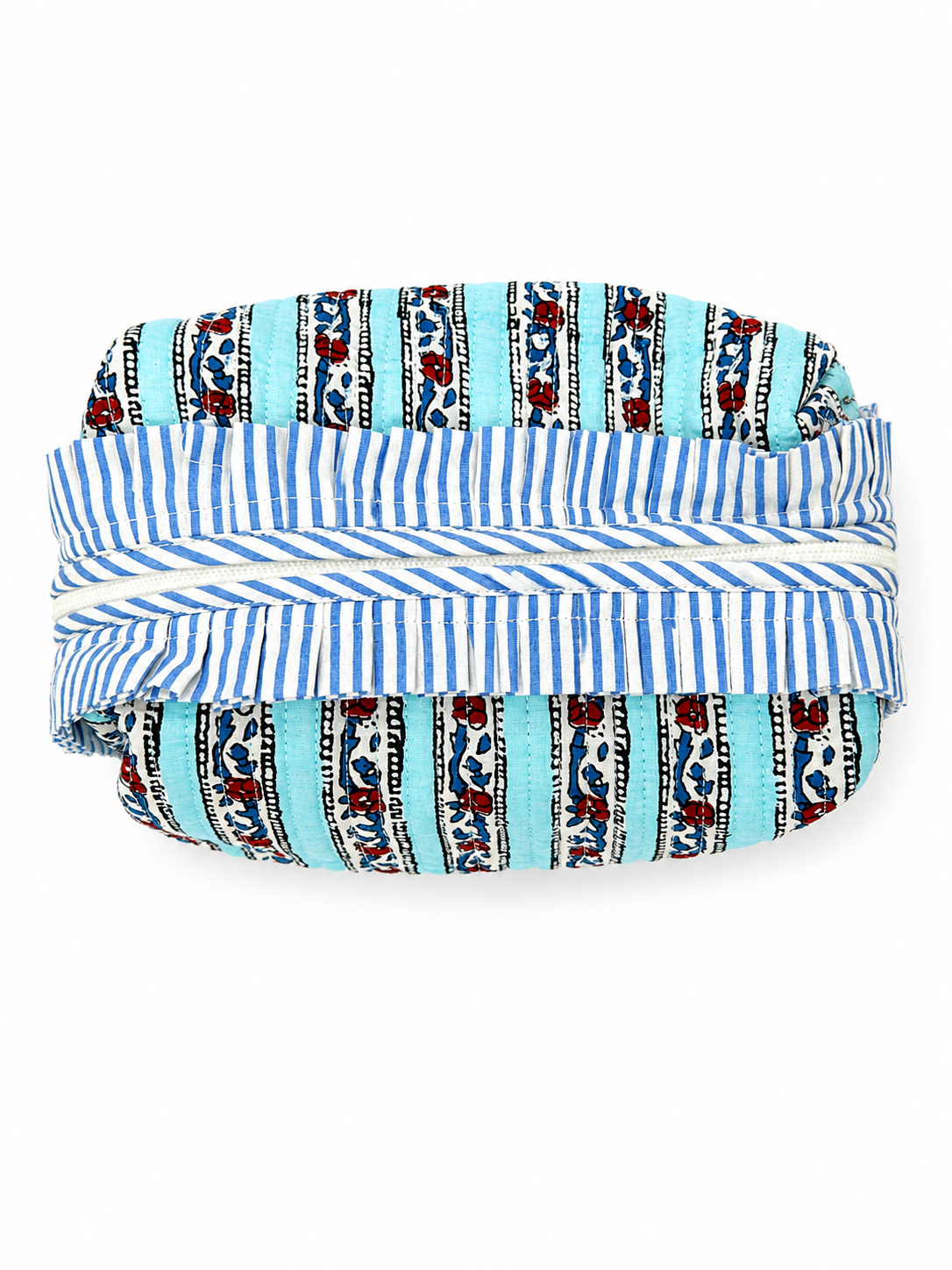 Blue and Red Stripes Frill Hand Block Print Toiletry Pouch