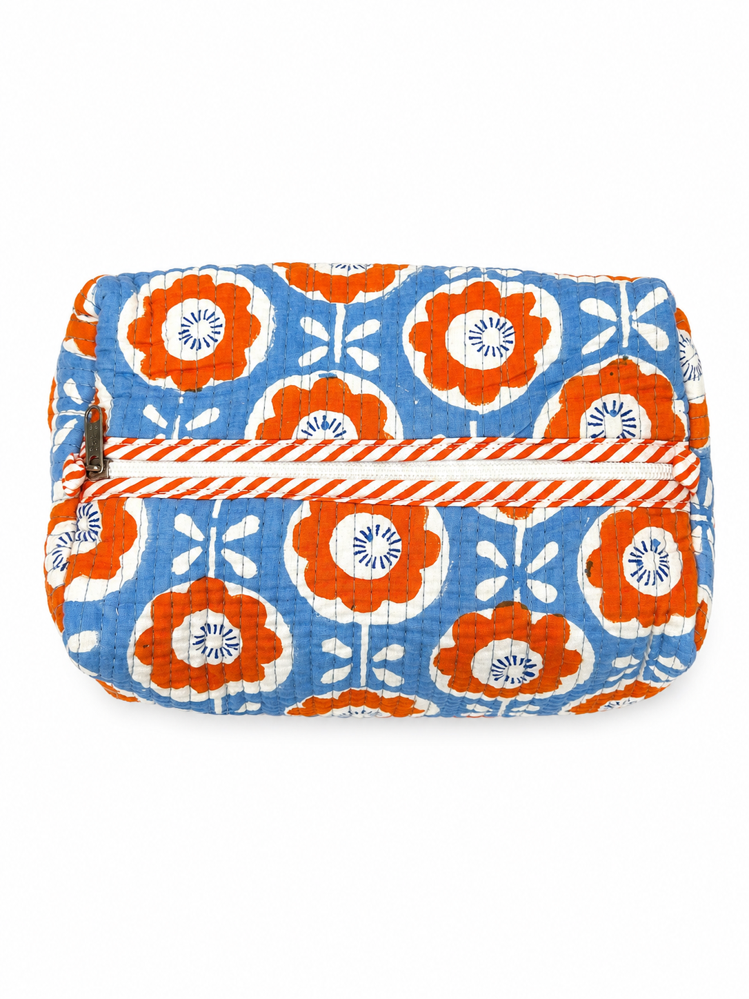 Blue & Orange Floral Hand Block Print Toiletry Pouch