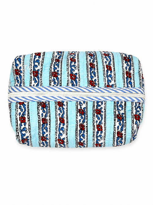 Blue and Red Stripes Hand Block Print Toiletry Pouch