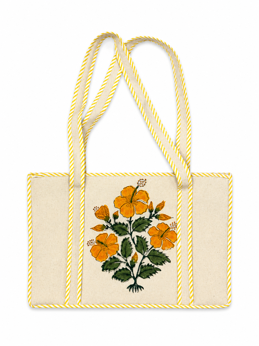 Yellow Hibiscus Hand Block Print Large Tote