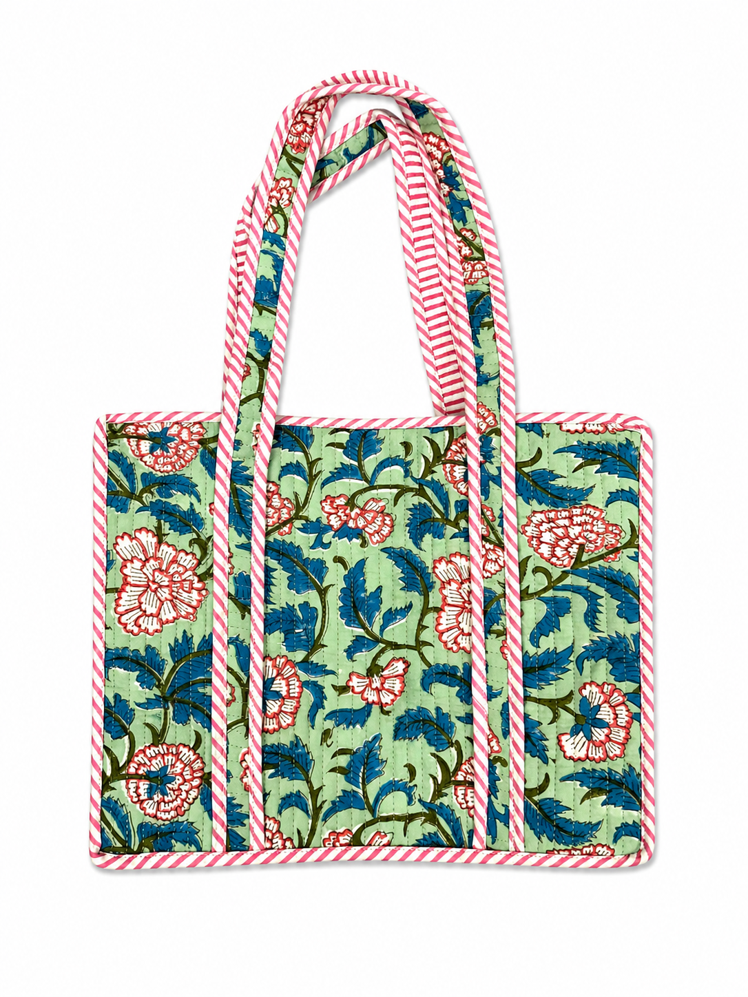 Green & Pink Hand Block Print Small Tote