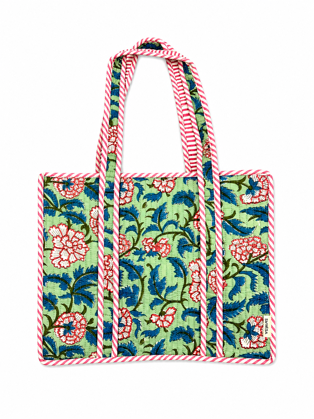 Green & Pink Hand Block Print Small Tote