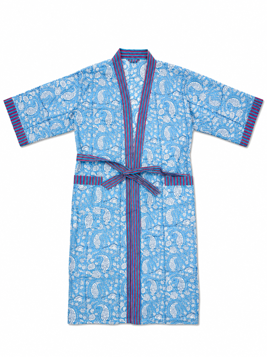 Sky Blue Mulmul Hand Block Print Bathrobe
