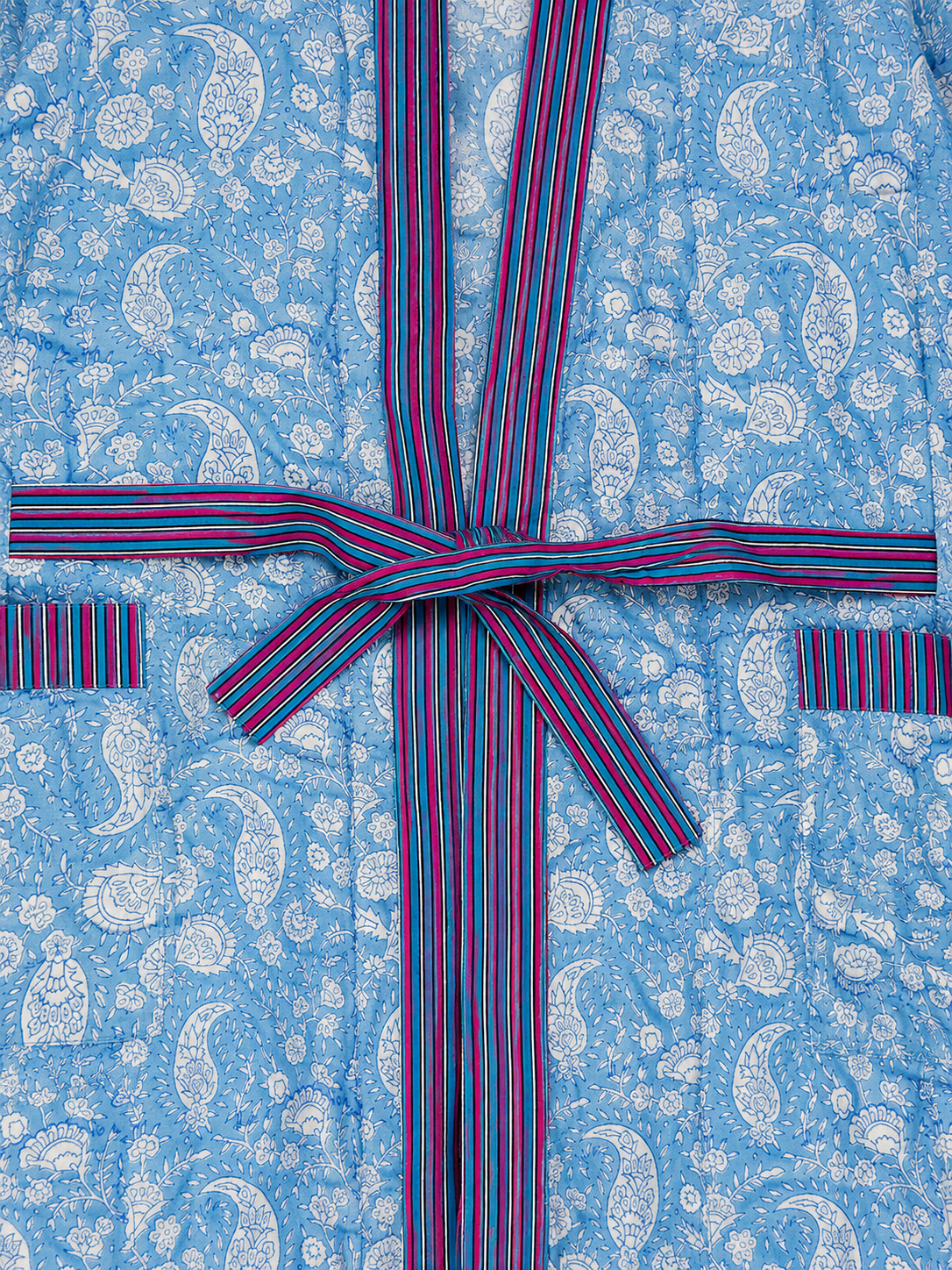 Sky Blue Mulmul Hand Block Print Bathrobe