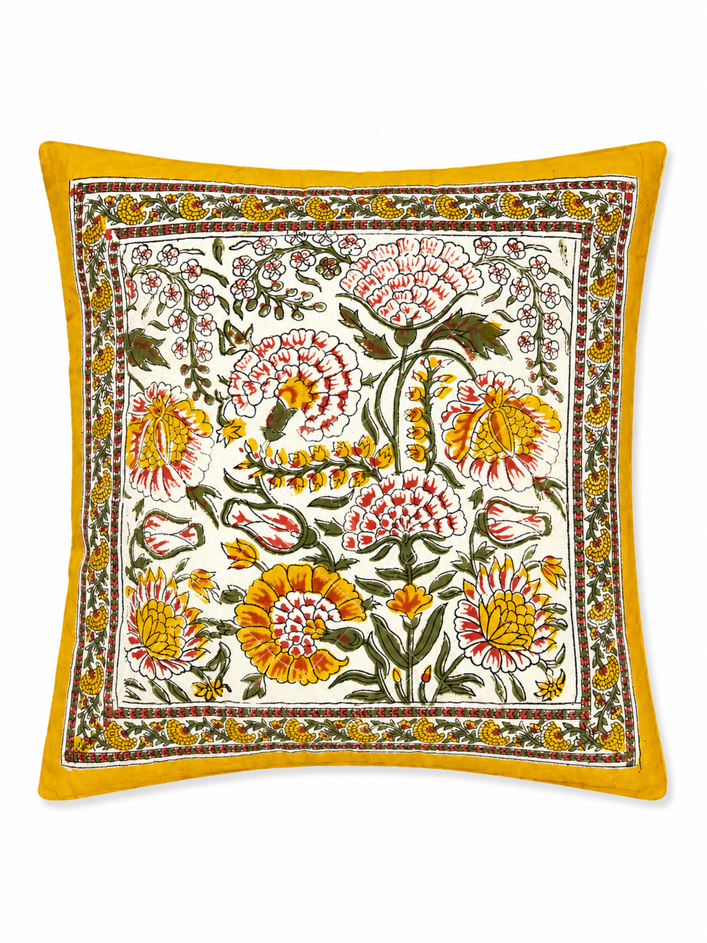 Yellow Floral Hand Block Print Cushion Cover - Sunesa