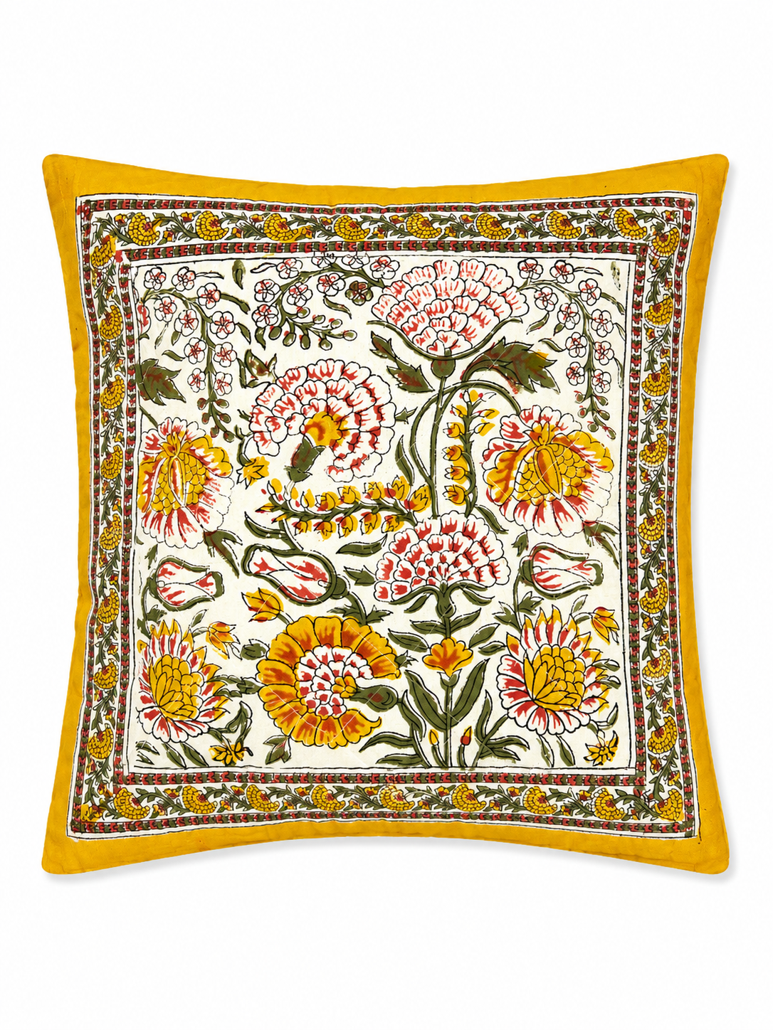 Yellow Floral Hand Block Print Cushion Cover