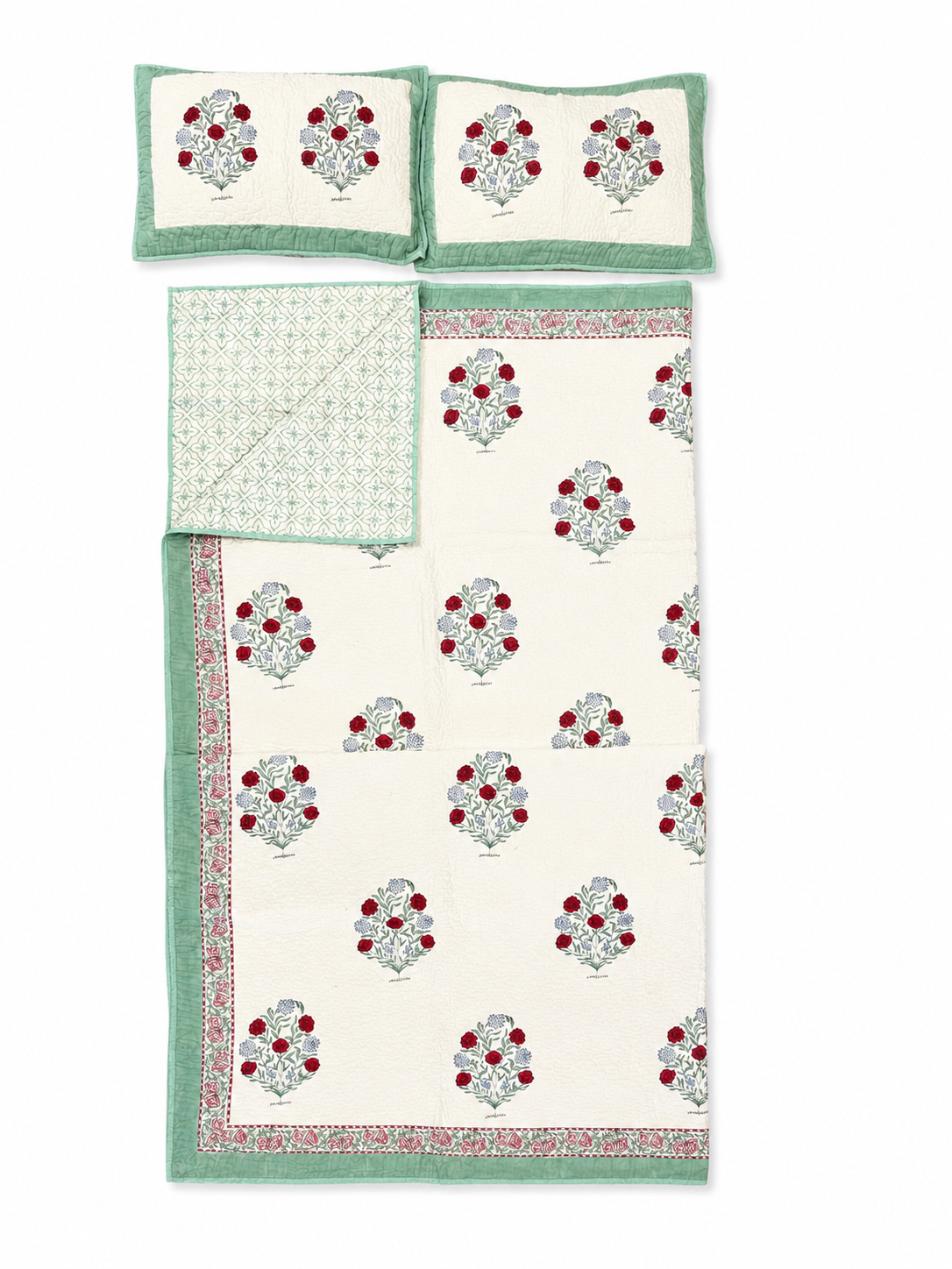 Red Floral & Sage Green Hand Block Print Bed Cover