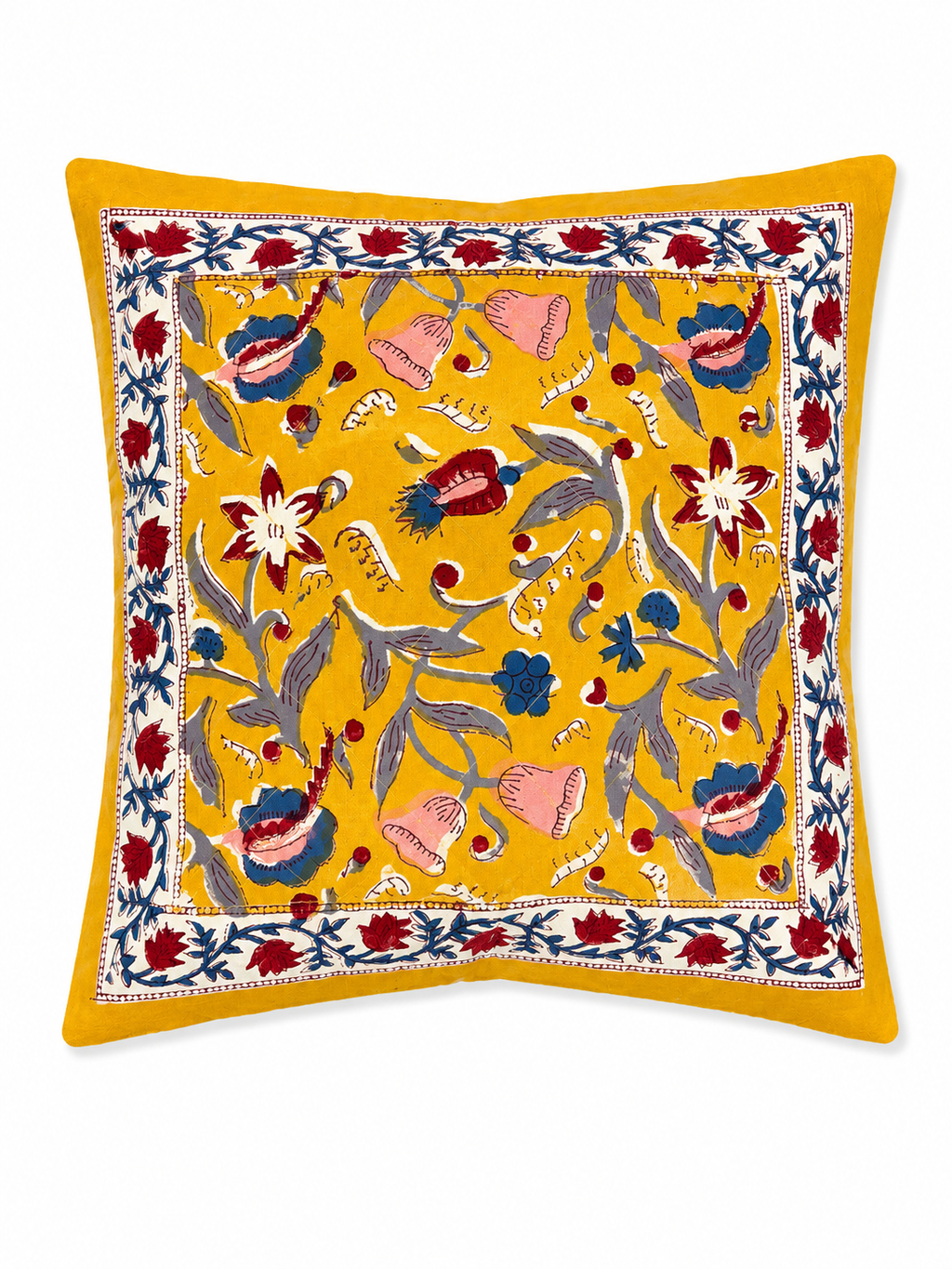 Mustard Yellow Floral Hand Block Print Cushion Cover - Sunesa