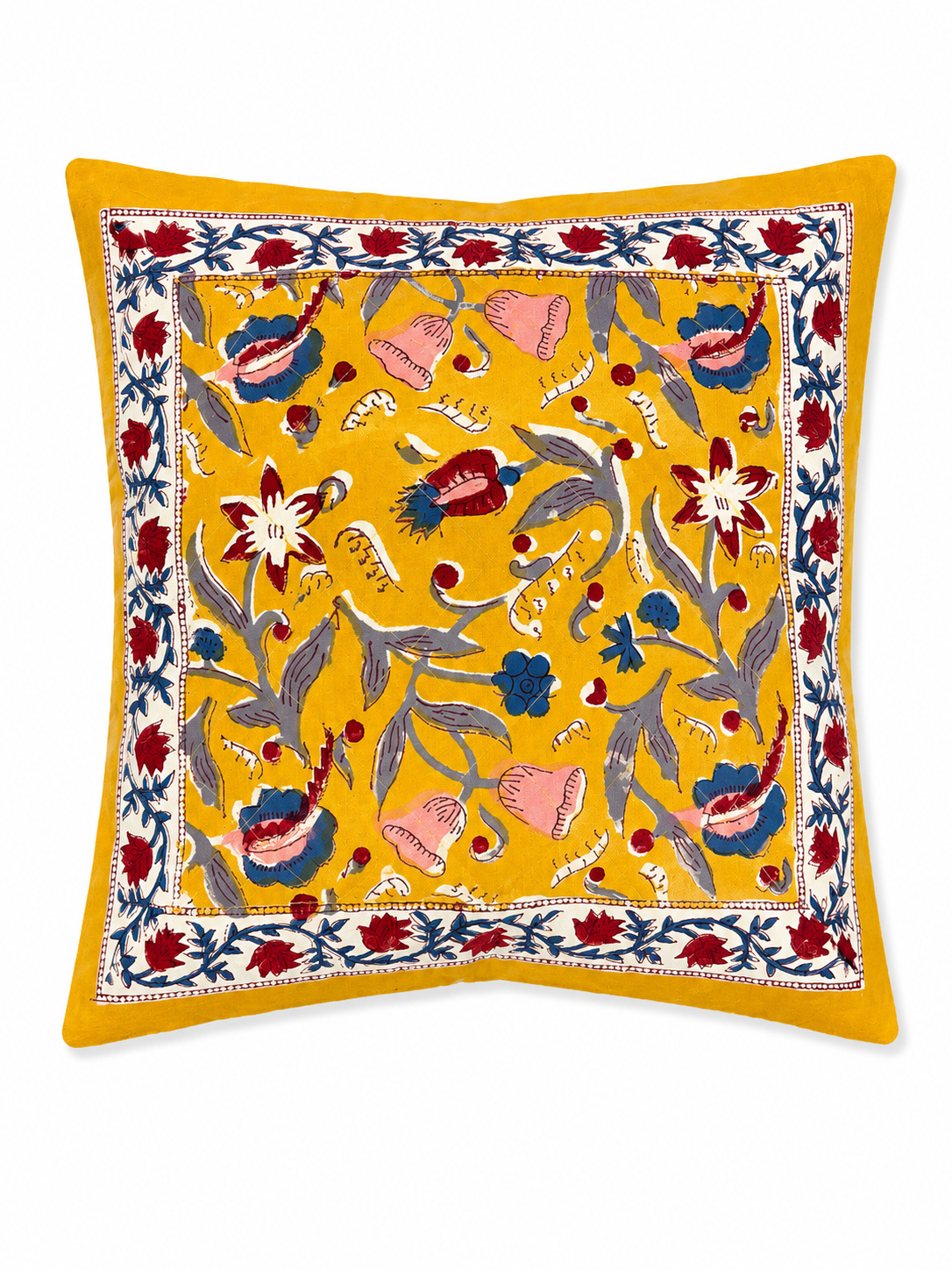 Mustard Yellow Floral Hand Block Print Cushion Cover