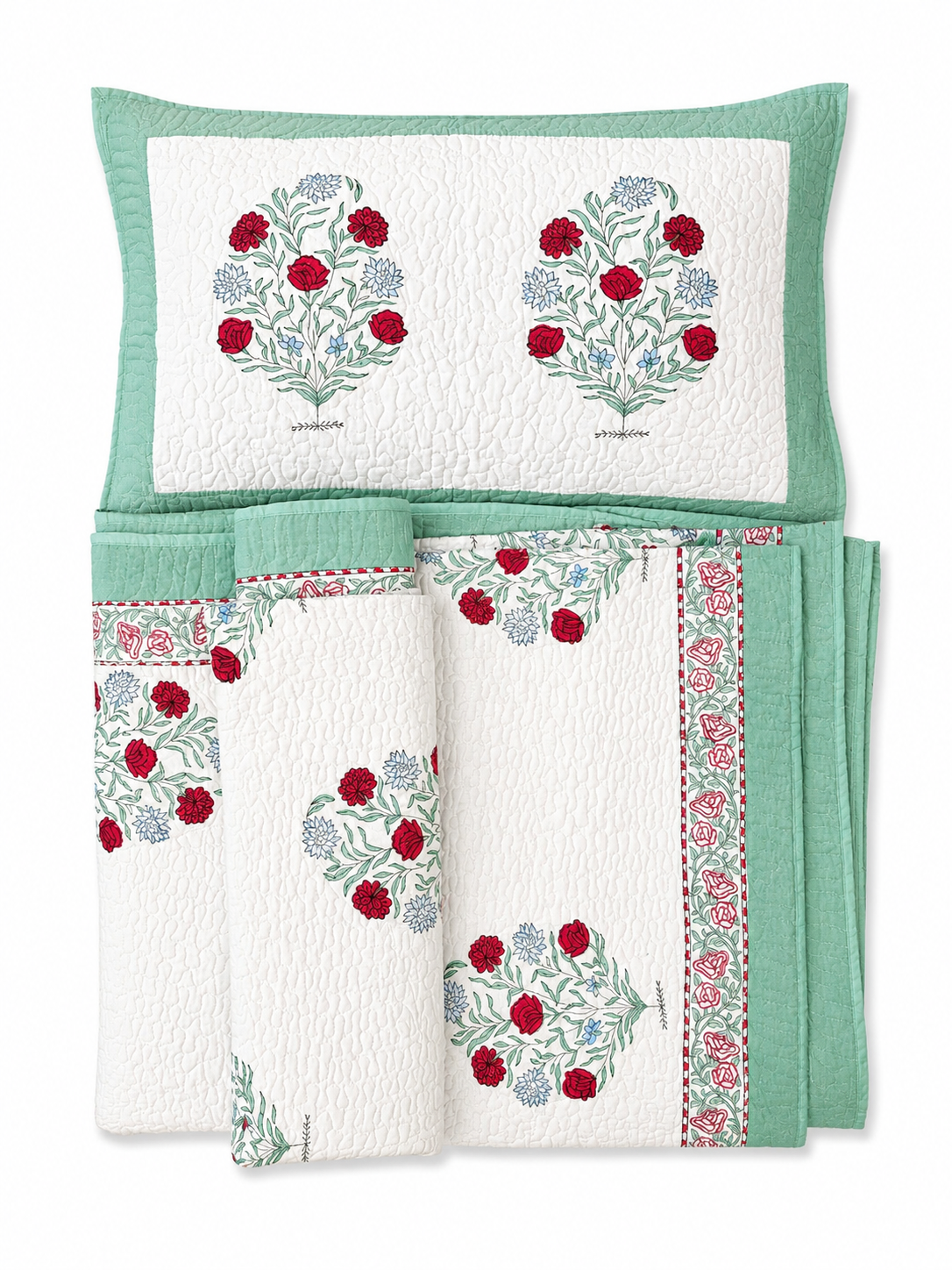 Red Floral & Sage Green Hand Block Print Bed Cover