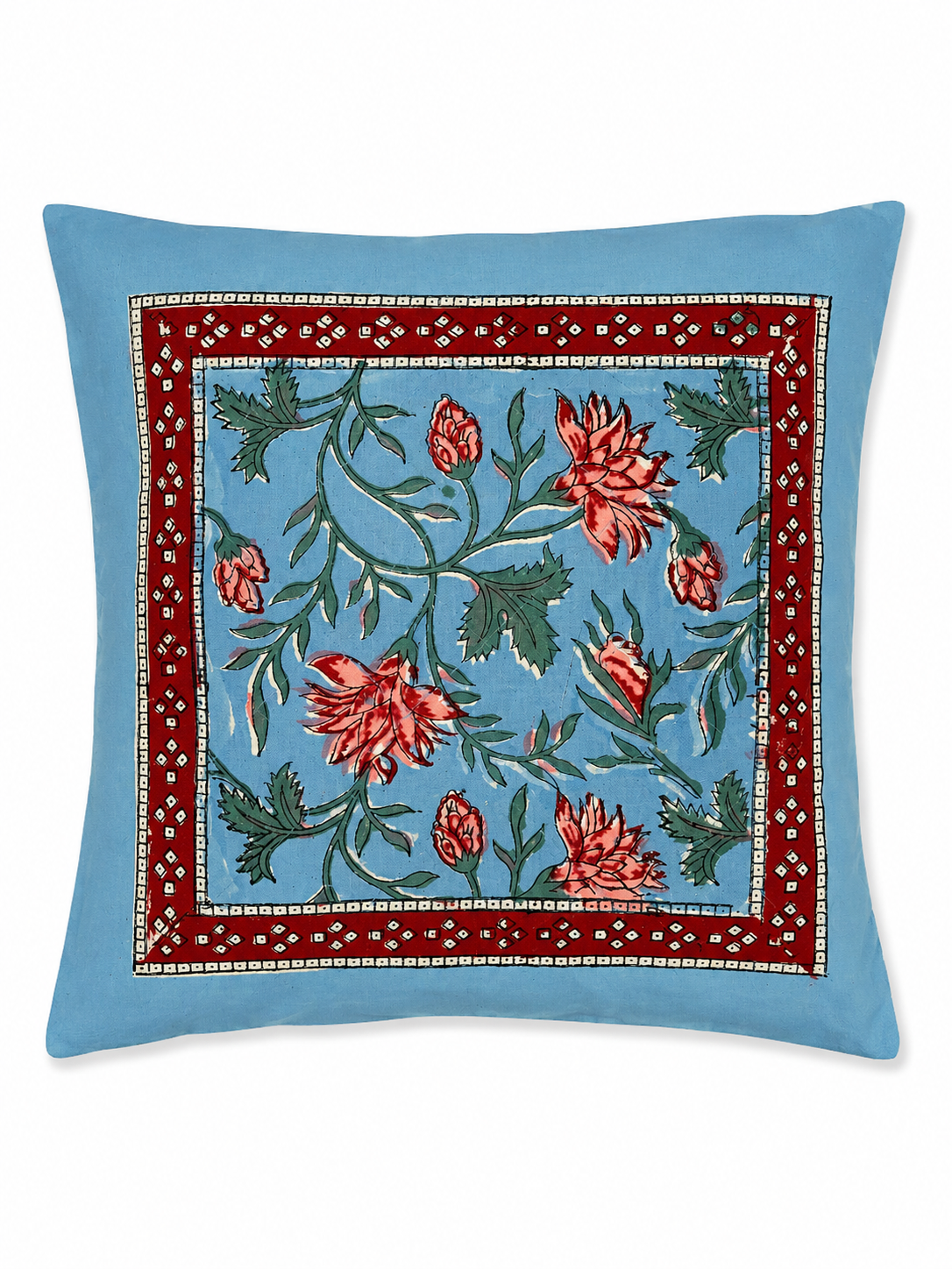 Blue Lotus Floral Hand Block Print Cushion Cover