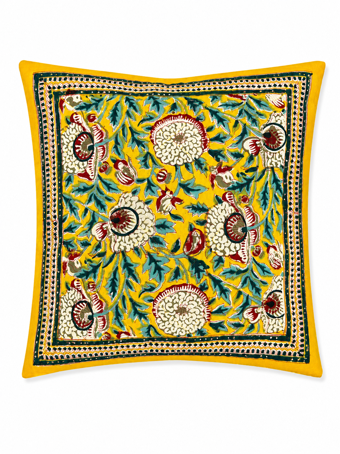 Bright Yellow Floral Hand Block Print Cushion Cover