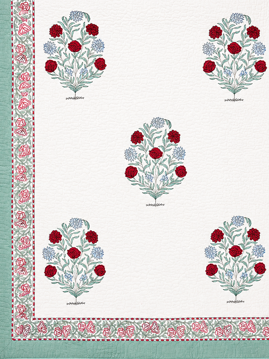 Red Floral & Sage Green Hand Block Print Bed Cover