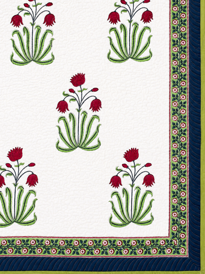 Red Tulip Hand Block Print Bed Cover
