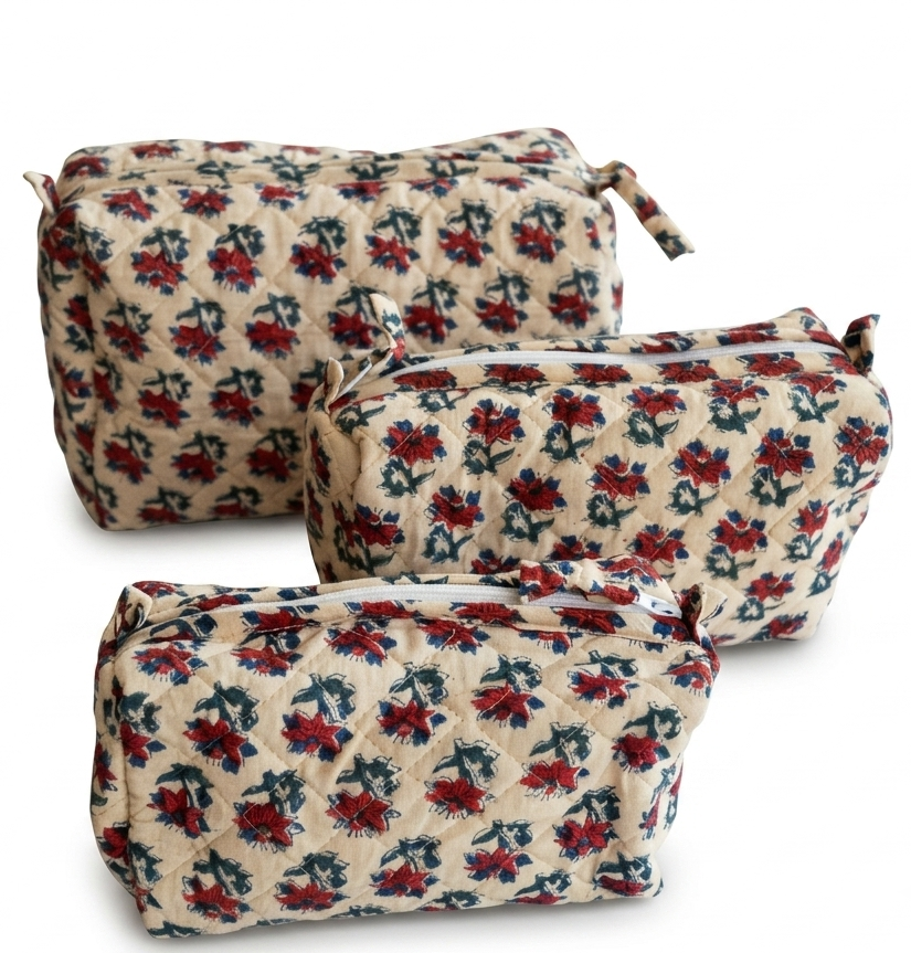 Cream Red Hand Block Print Quilted Cotton Pouch Set of 3