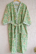 Green floral hand block print bathrobe