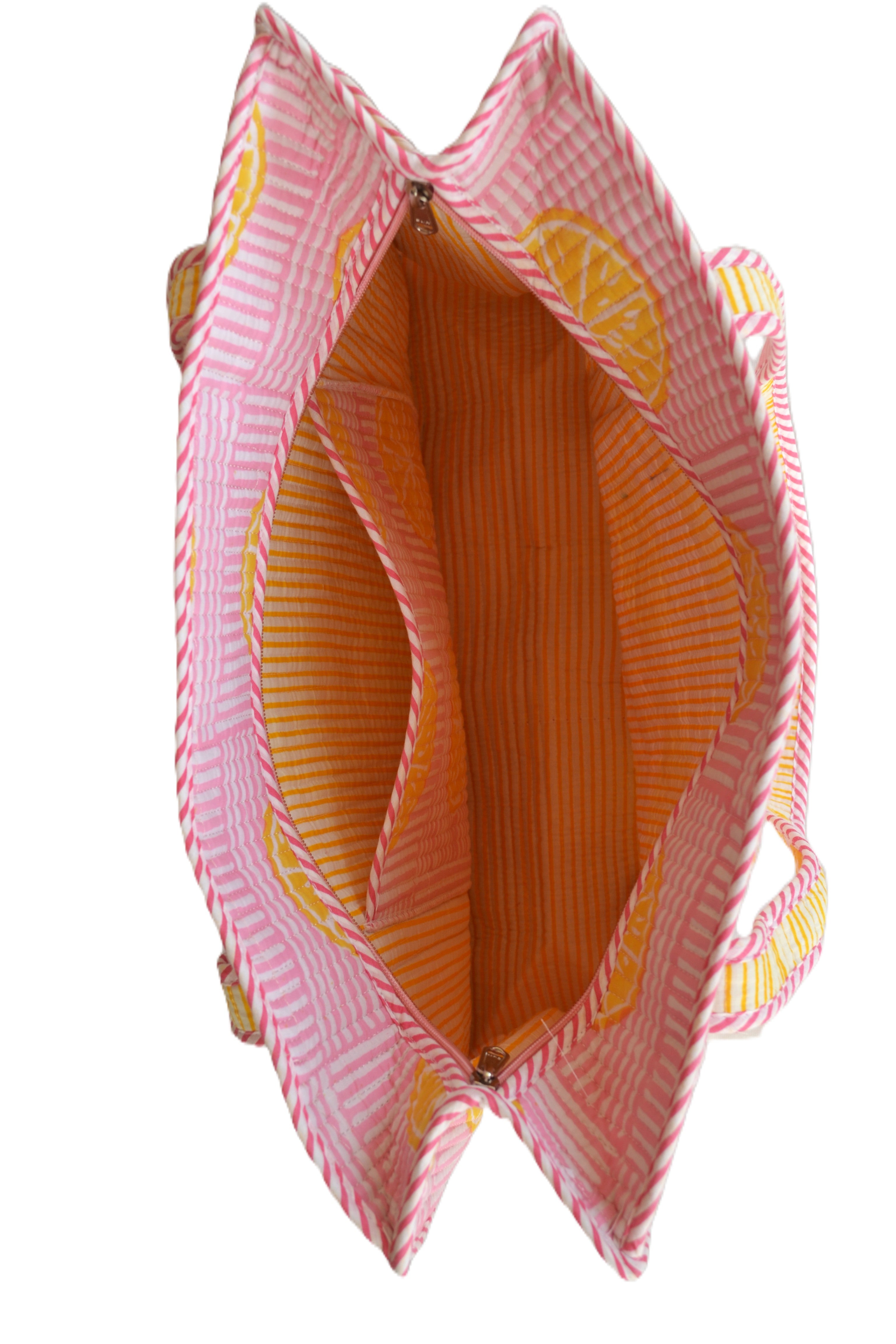 Pink and yellow lemons hand block print large tote