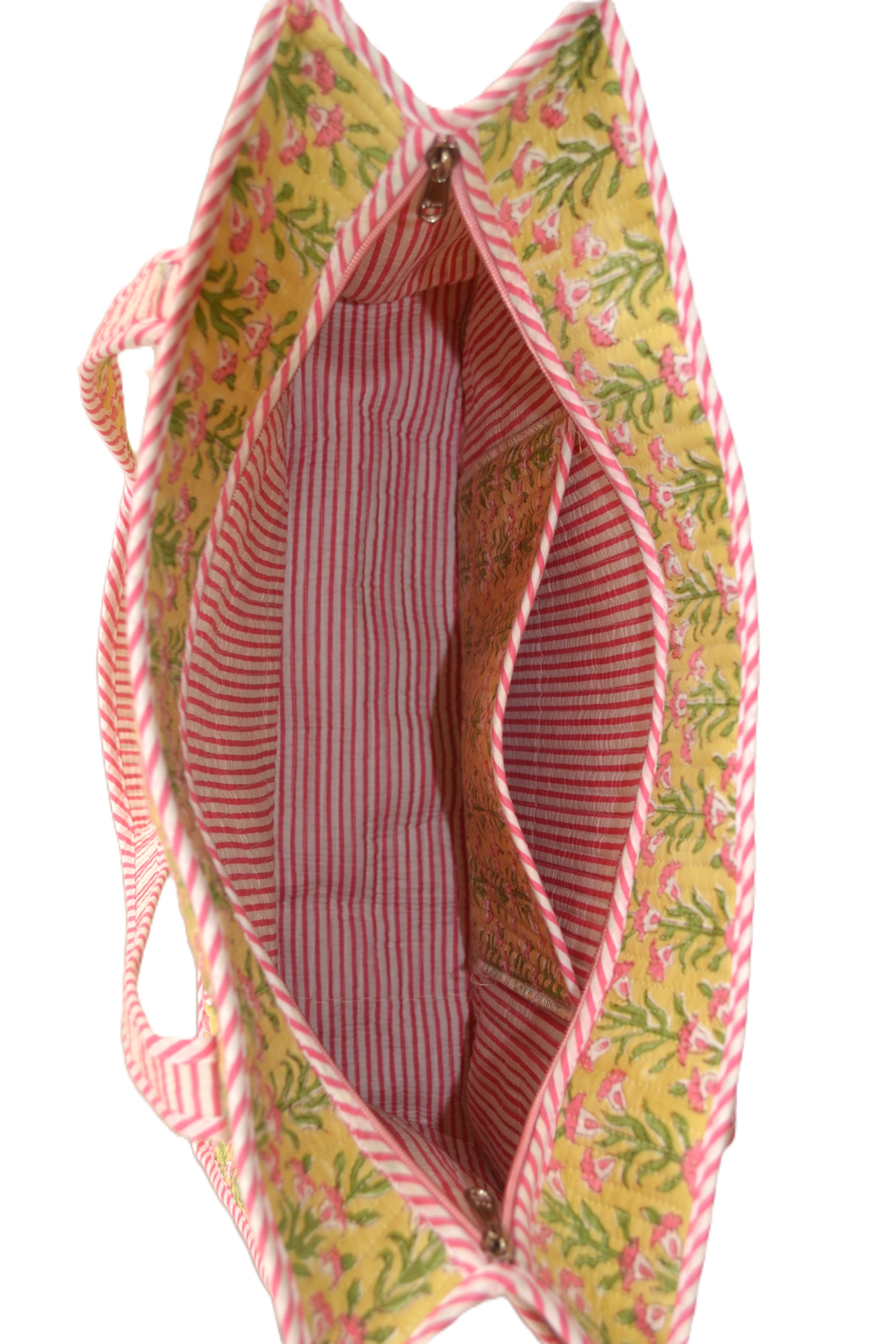 Yellow and pink floral hand block print large tote
