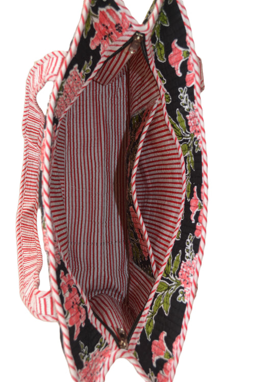 Black and pink rose hand block print large tote