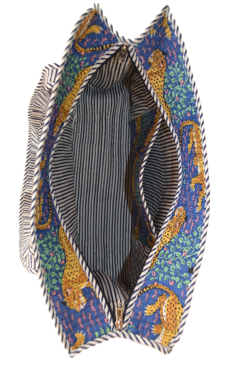 Blue cheetah hand block print large tote