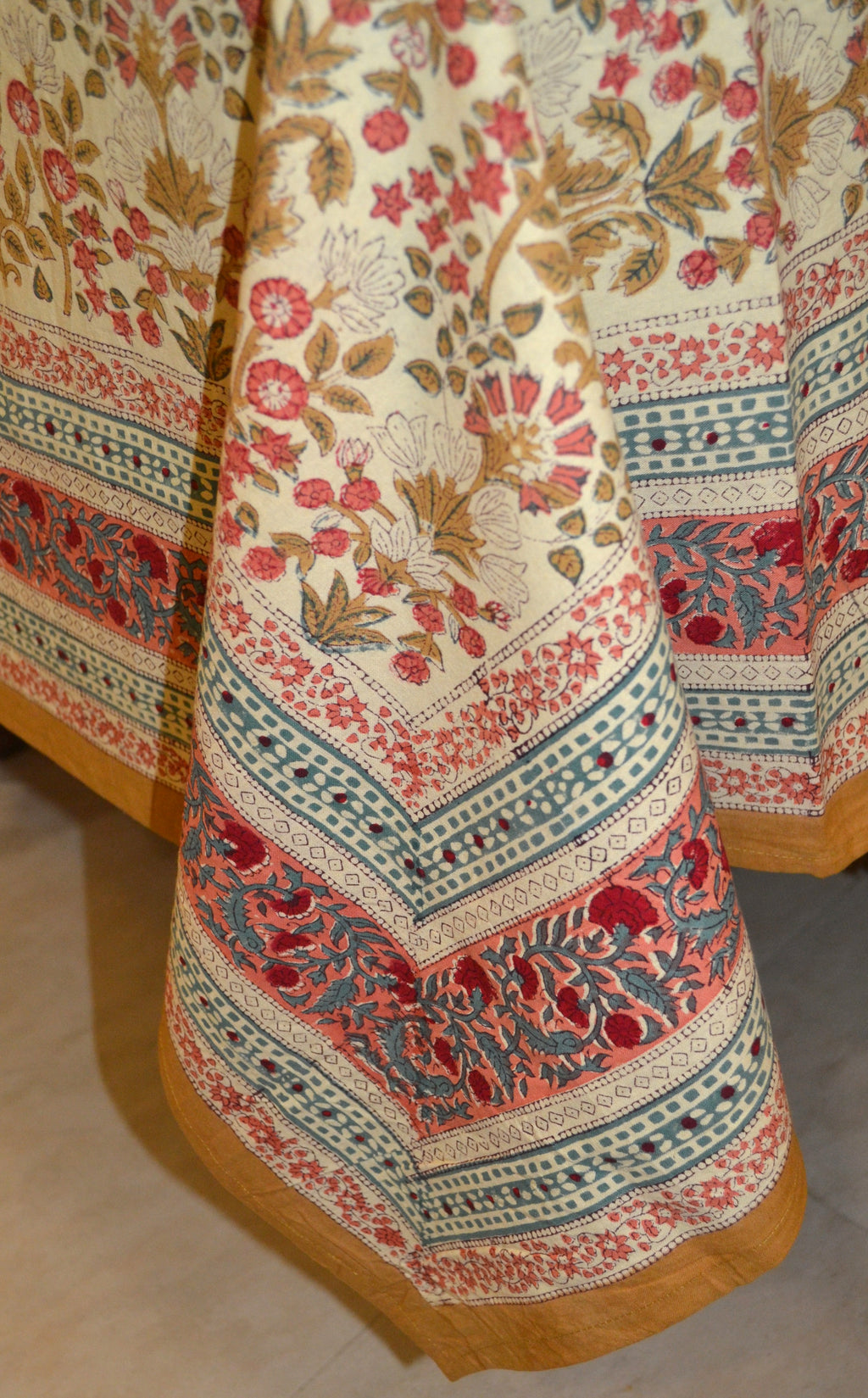 Orange floral hand block print table cover 6 seater