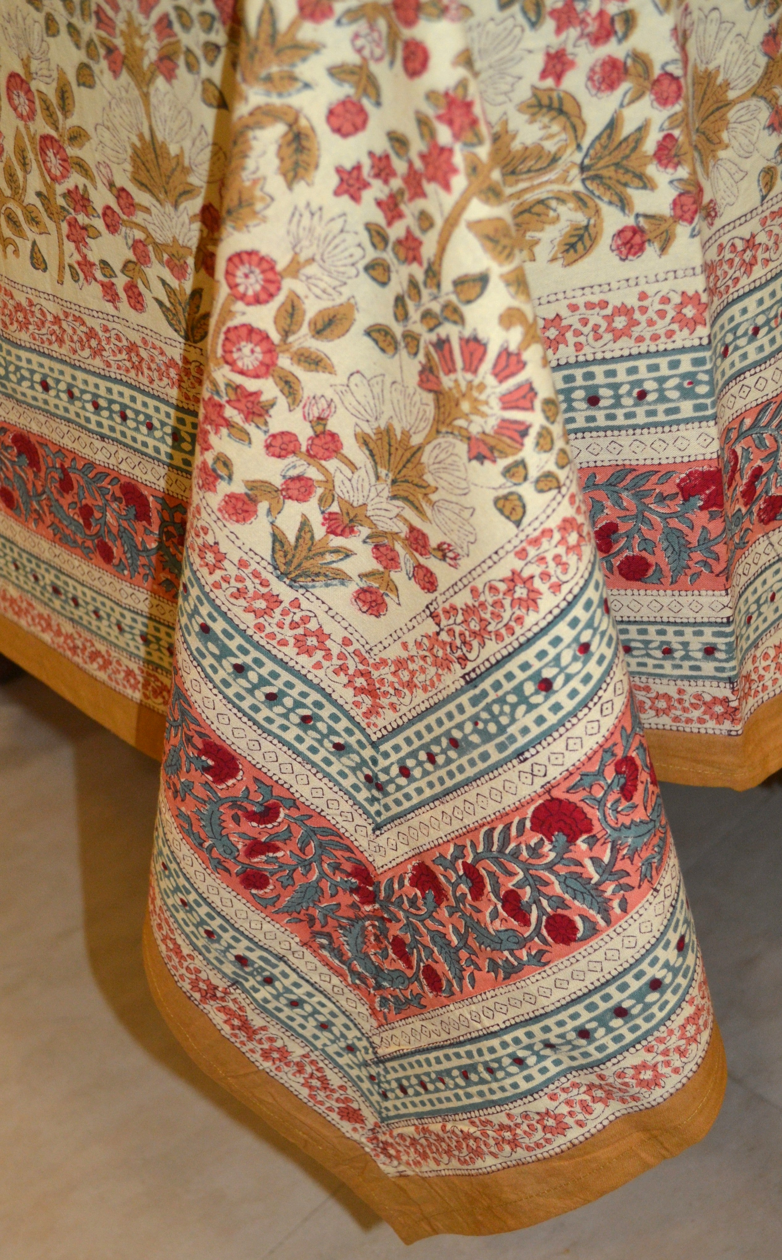 Orange floral hand block print table cover 6 seater