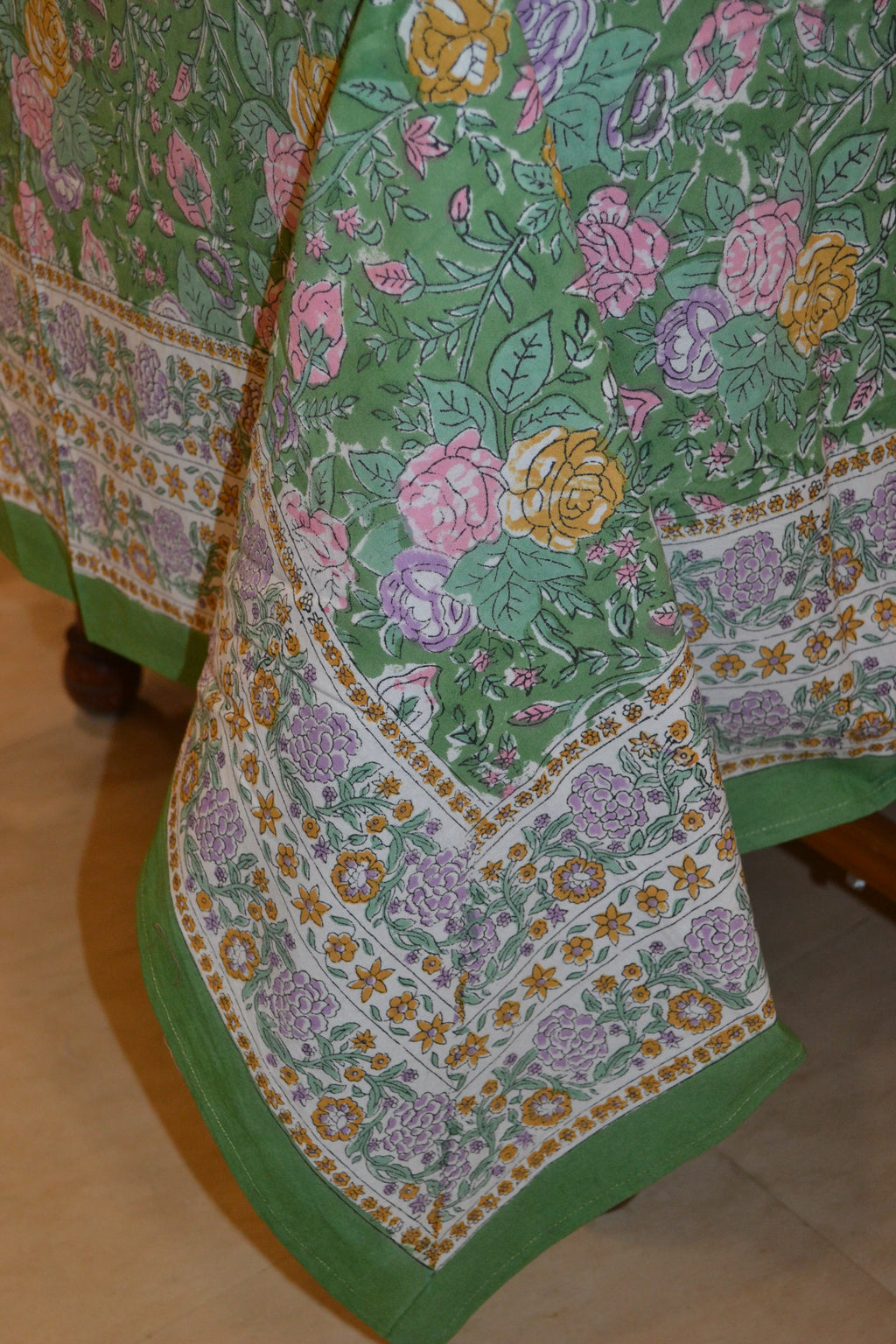 Green multicolour roses hand block print table cover 6 seater