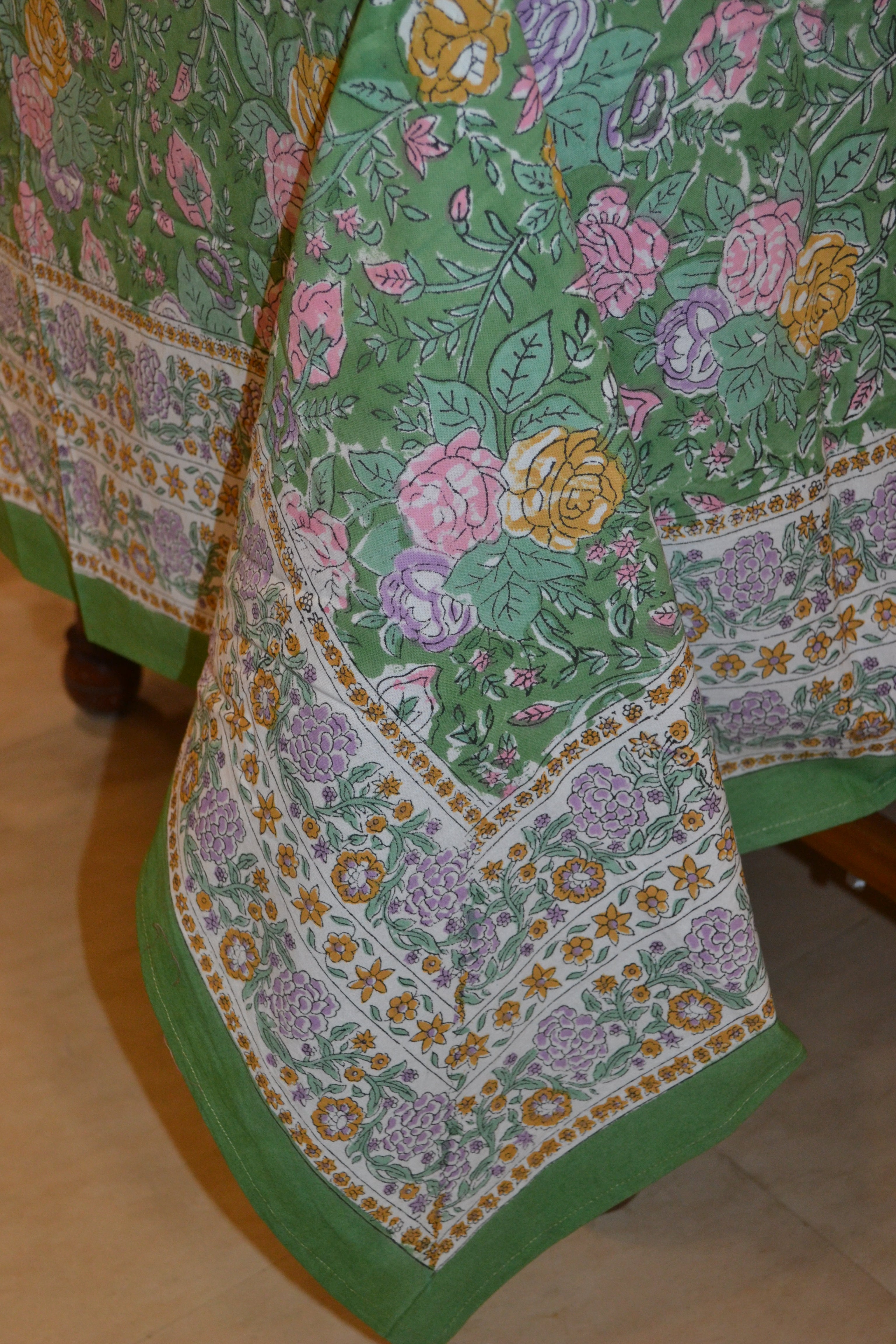 Green multicolour roses hand block print table cover 6 seater