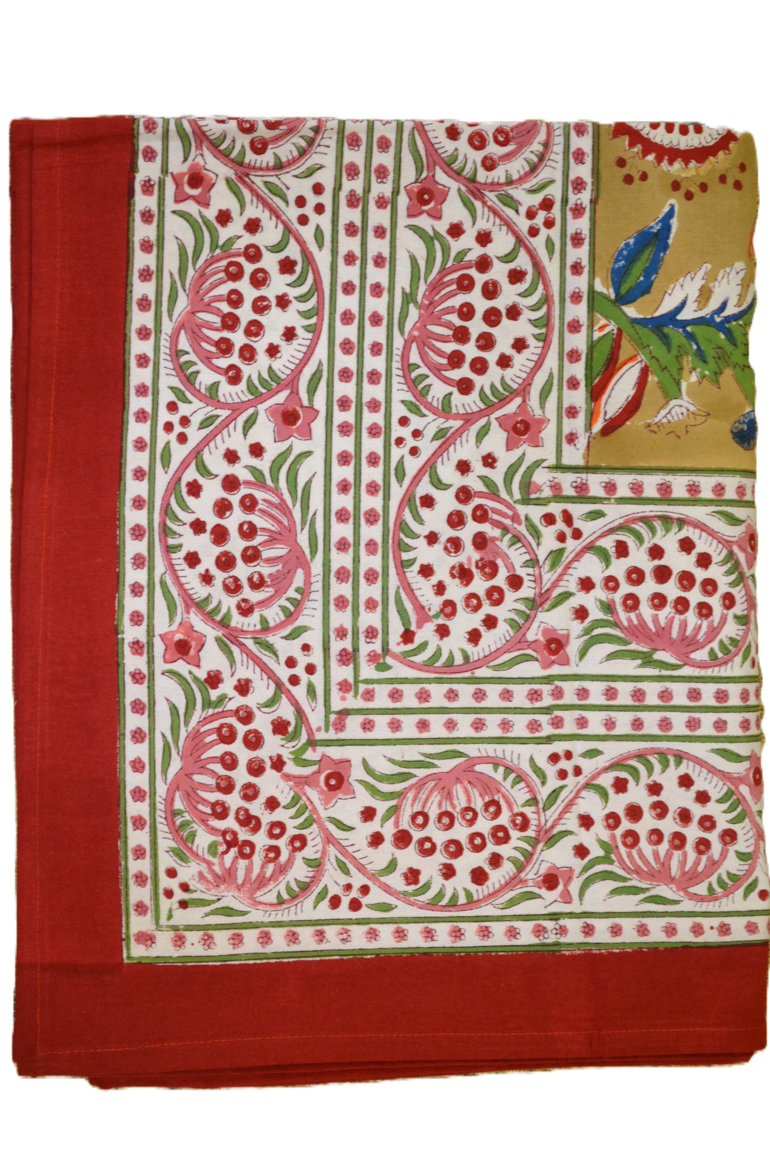 Beige & red floral hand block print table cover 6 seater