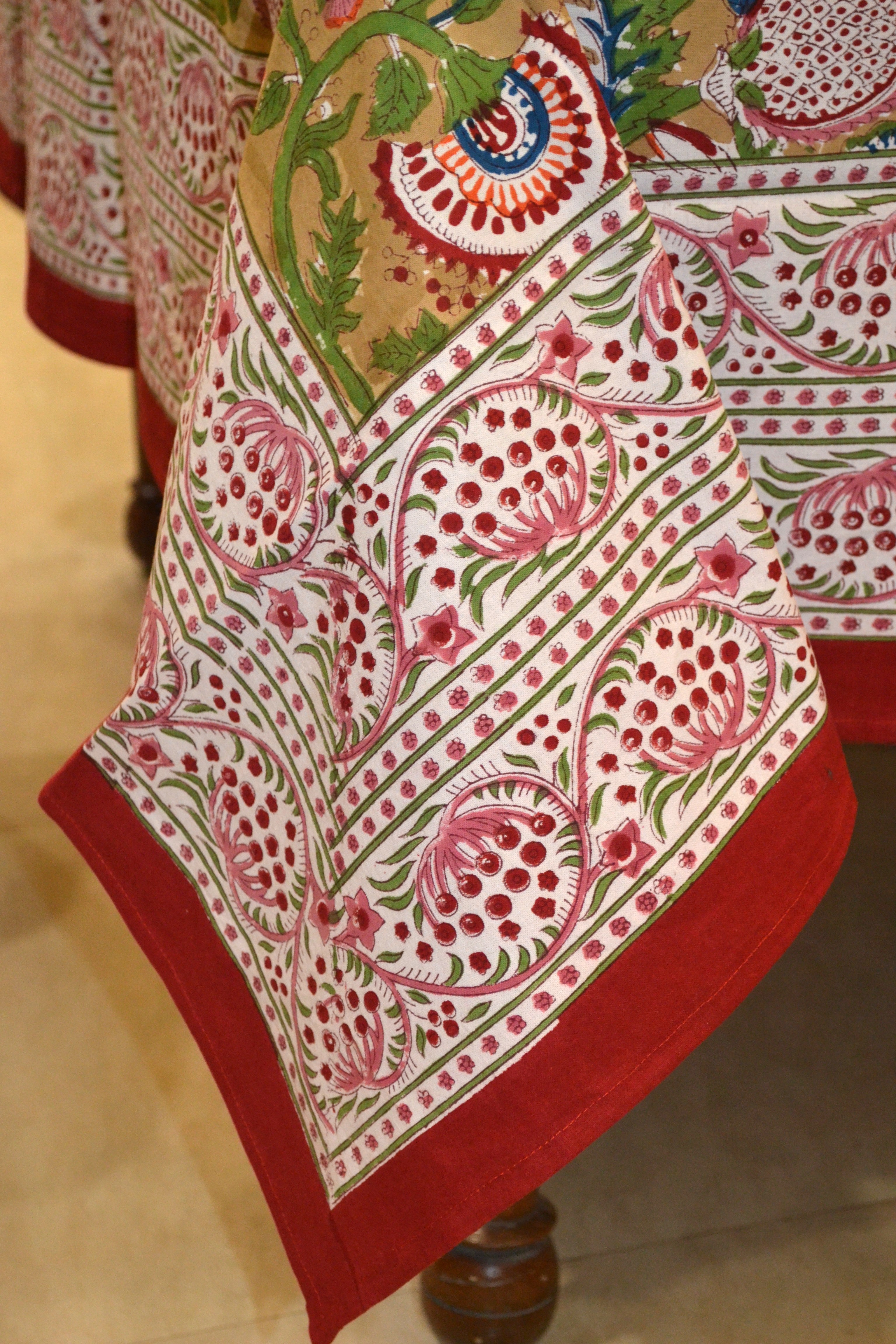 Beige & red floral hand block print table cover 6 seater