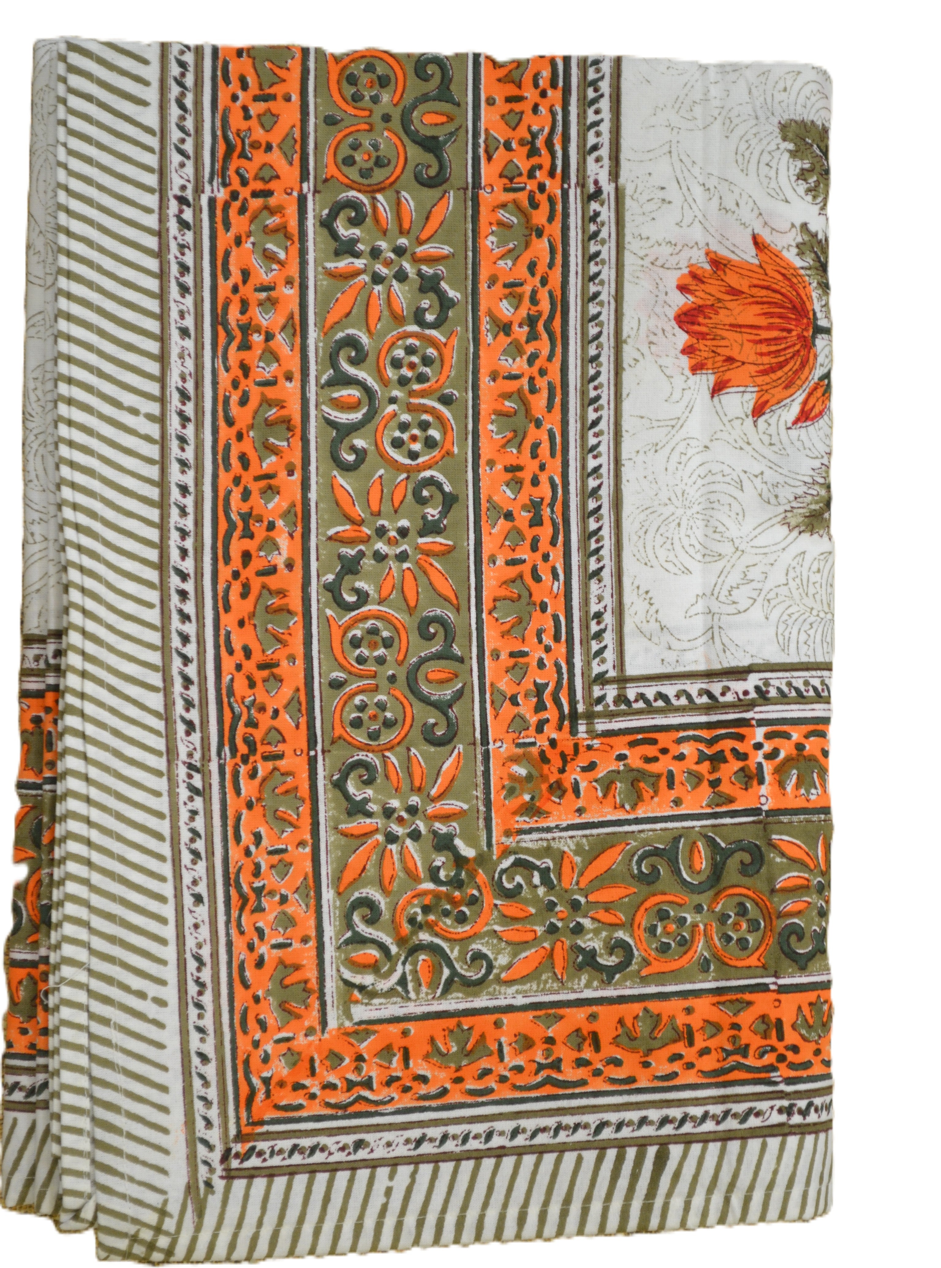 Orange bloom hand block print table cover 6 seater