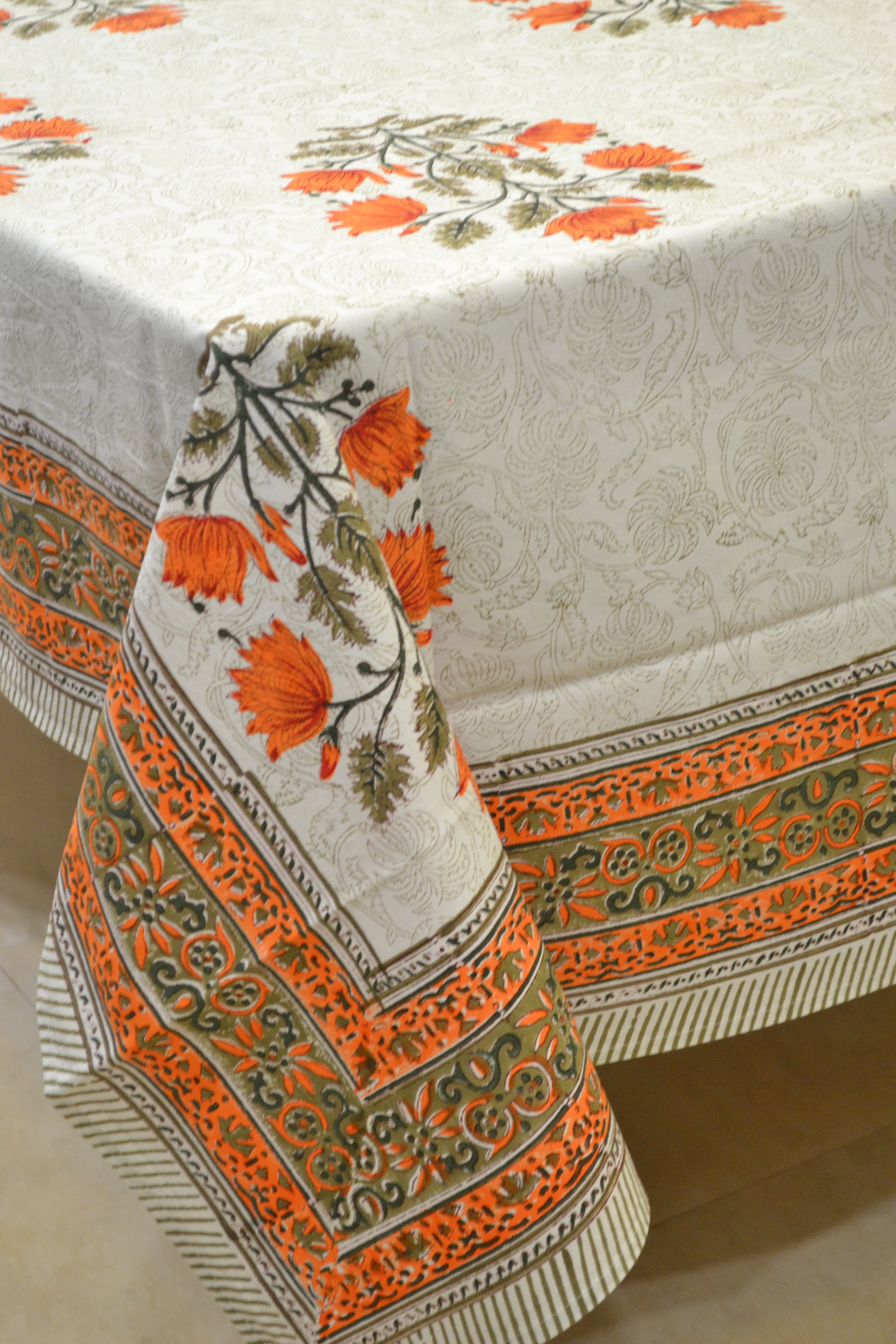 Orange bloom hand block print table cover 6 seater