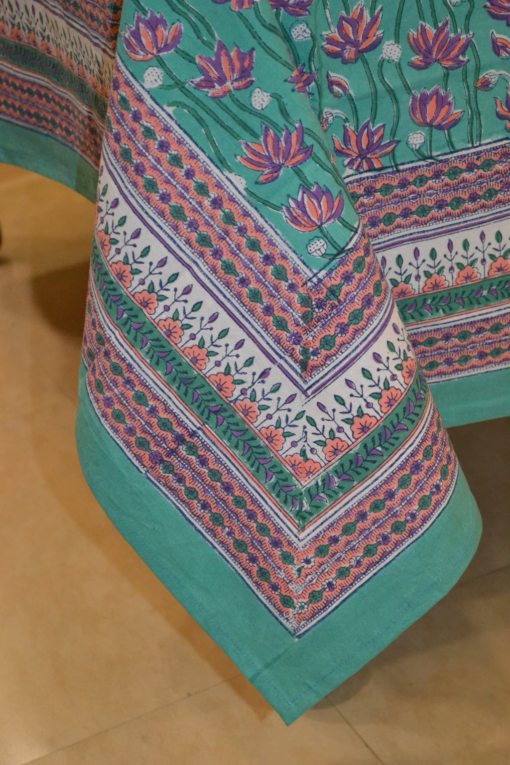 Green & Pink Lotus hand block print table cover 6 seater