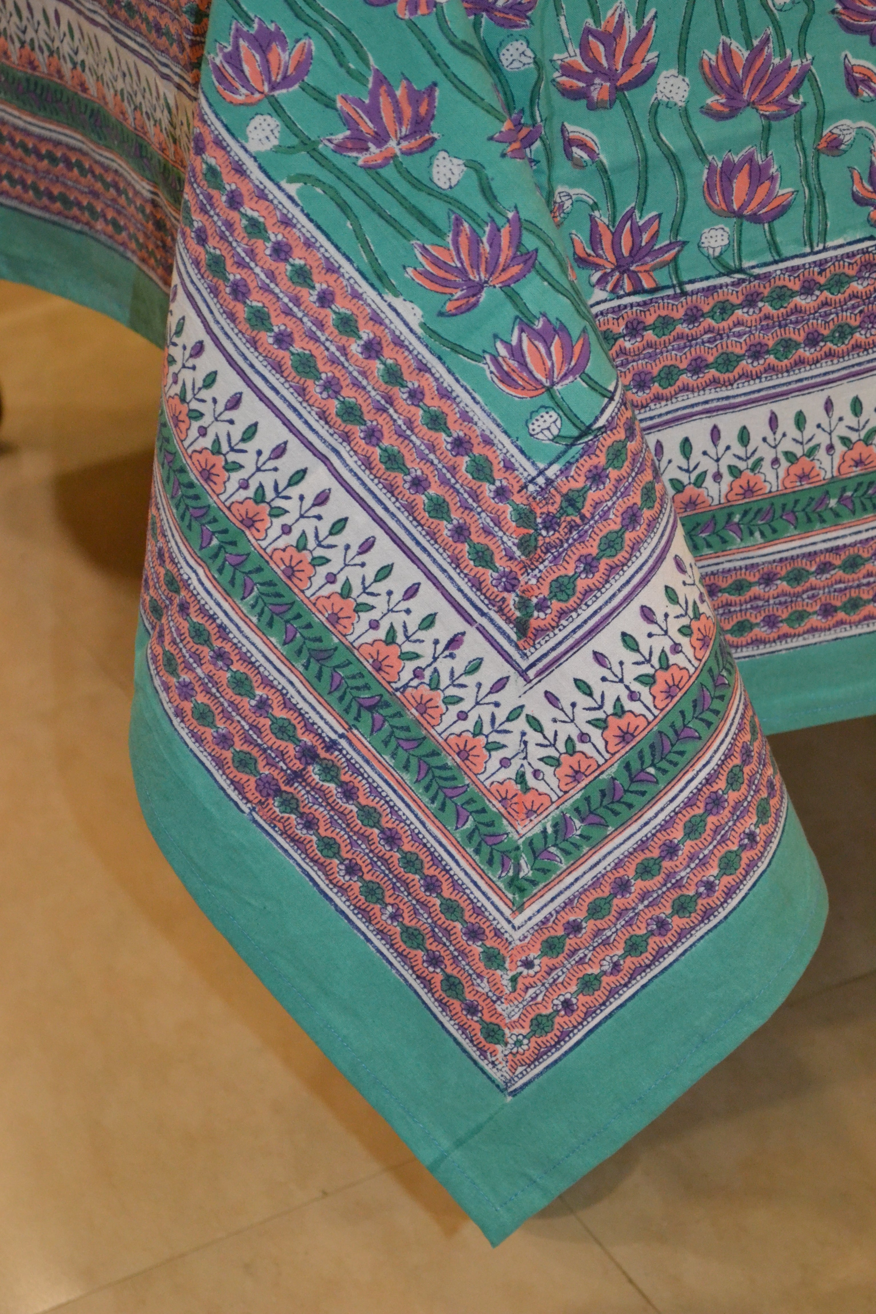Green & Pink Lotus hand block print table cover 6 seater