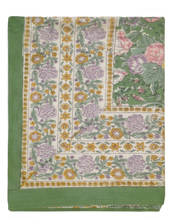 Green multicolour roses hand block print table cover 6 seater