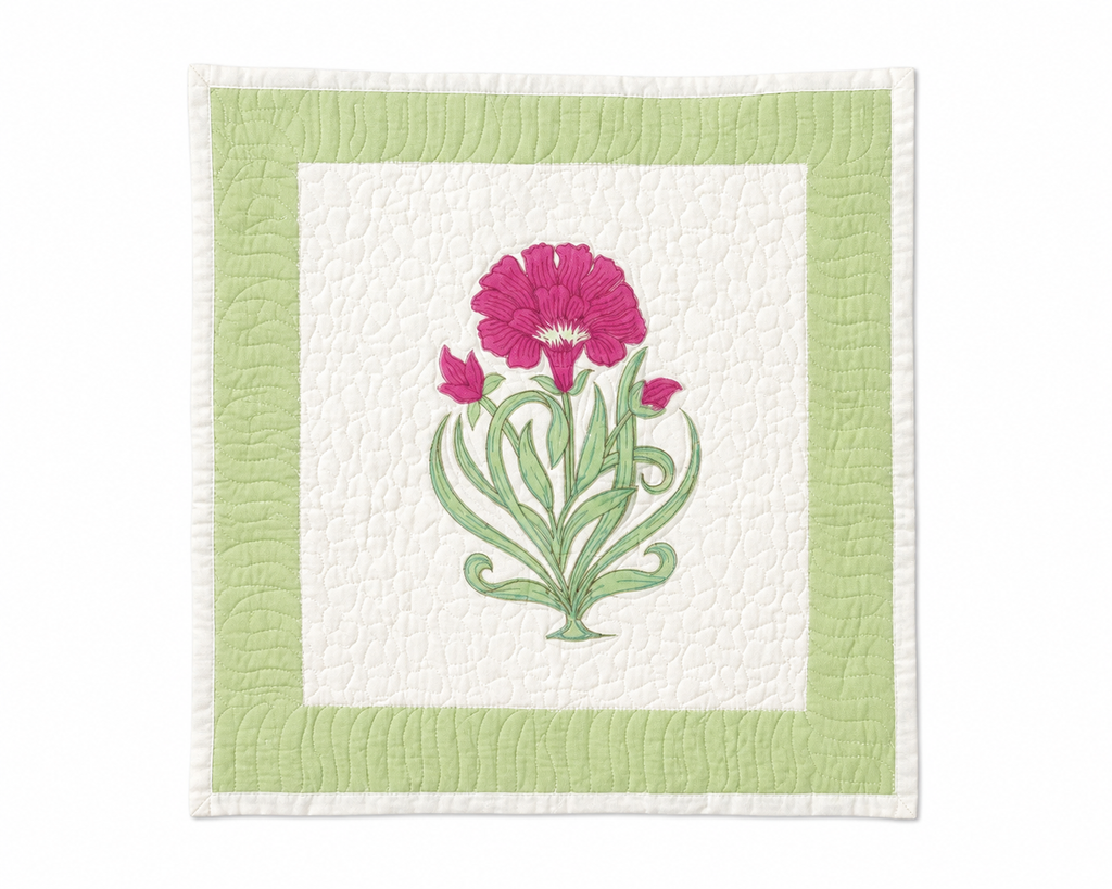 Green and Magenta Hand Block Quilted Cushion Cover