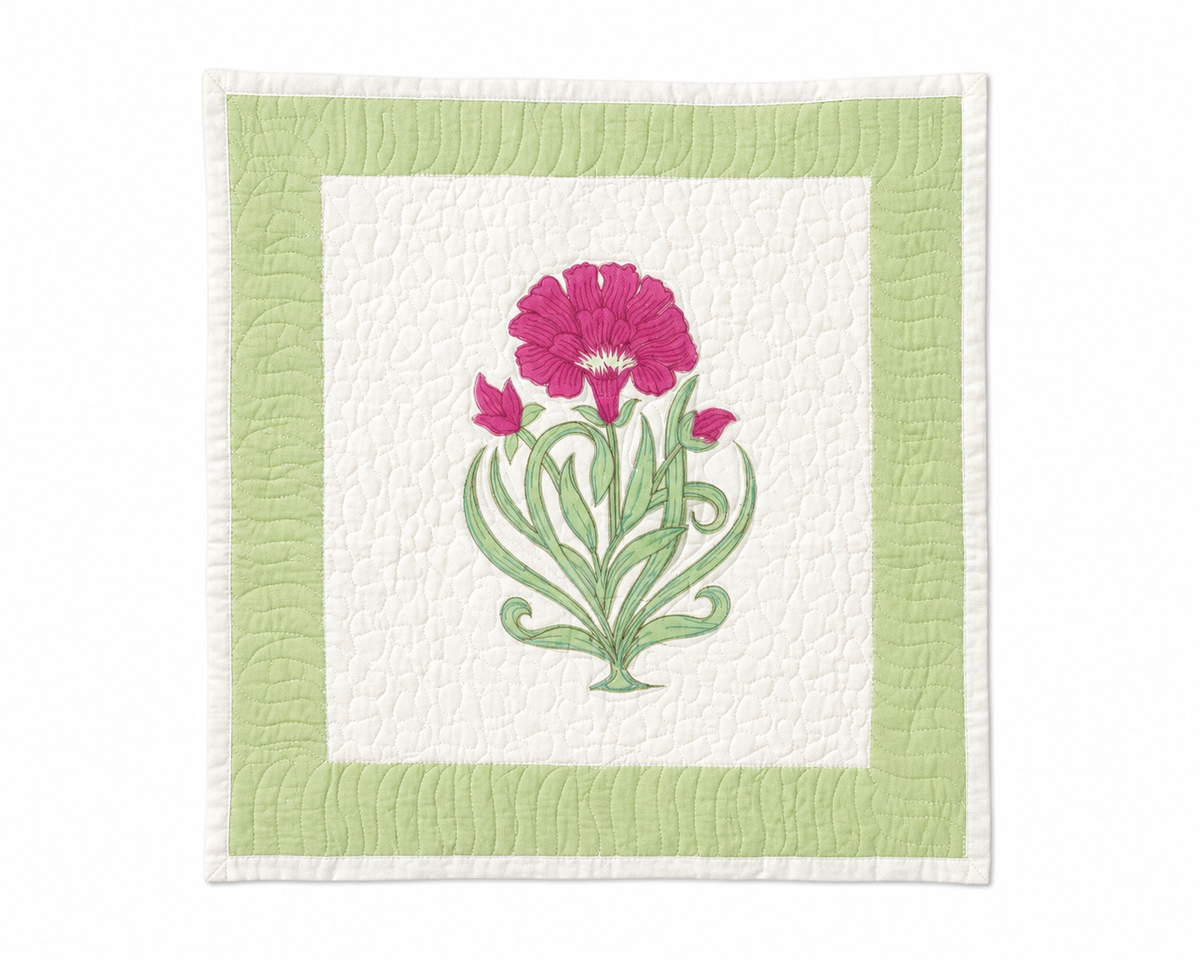 Green and Magenta Hand Block Quilted Cushion Cover