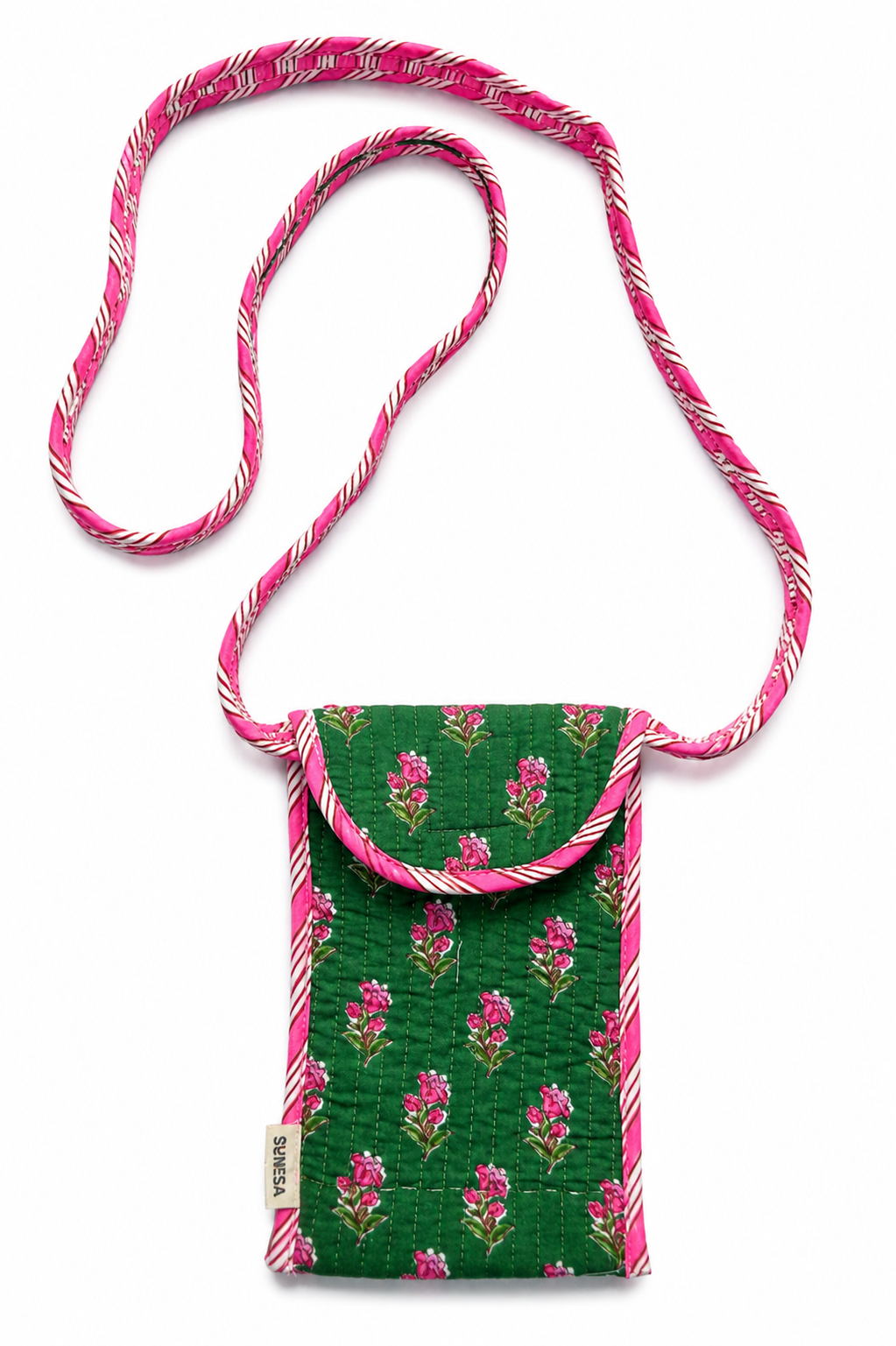 Green and Pink floral hand block print mobile sling
